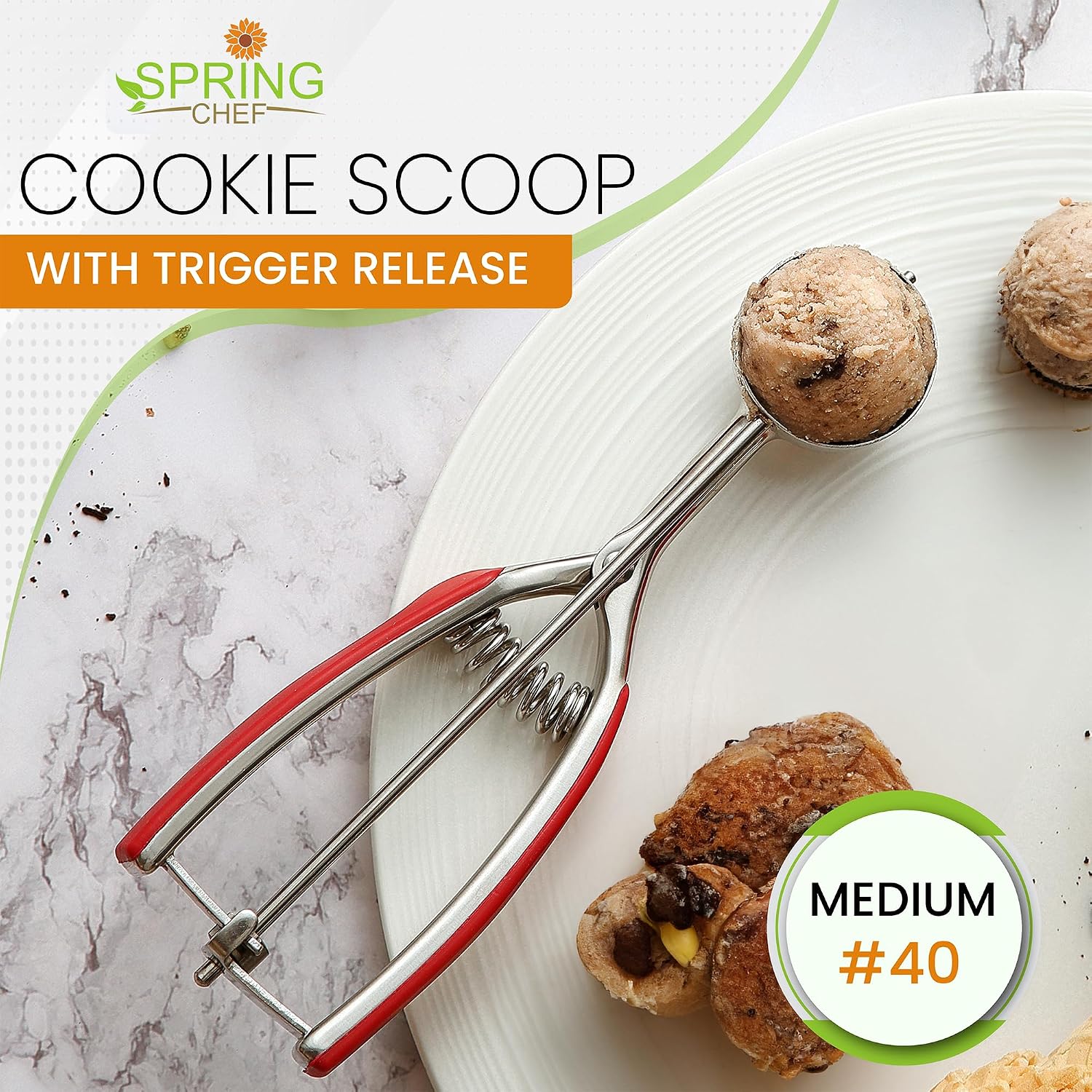 Spring Chef Medium Stainless Steel Cookie Scoop, #40, 1.7 Tablespoon, Black
