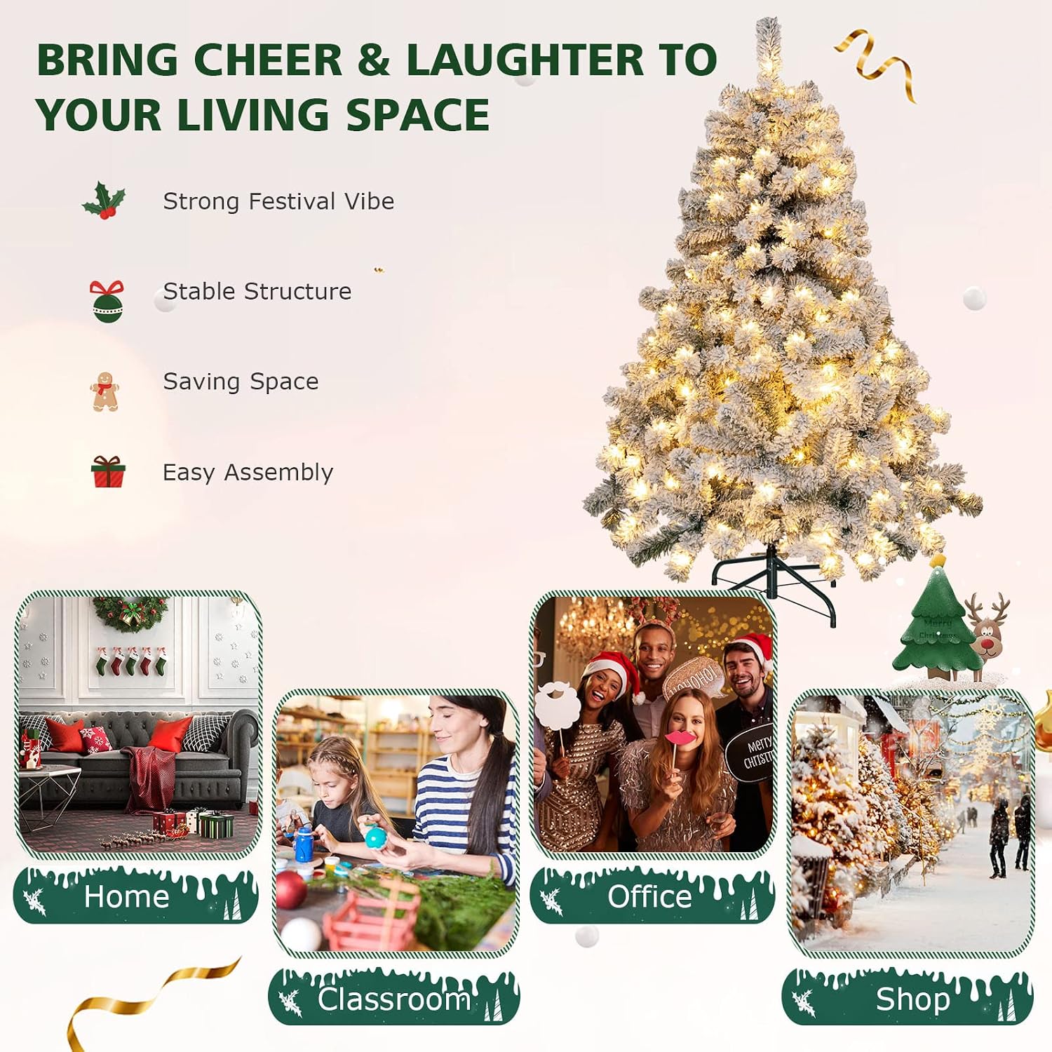 Goplus 7.5ft Pre-Lit Artificial Christmas Tree, Premium PVC Snow Flocked Hinged Pine Tree with Metal Stand and LED Lights