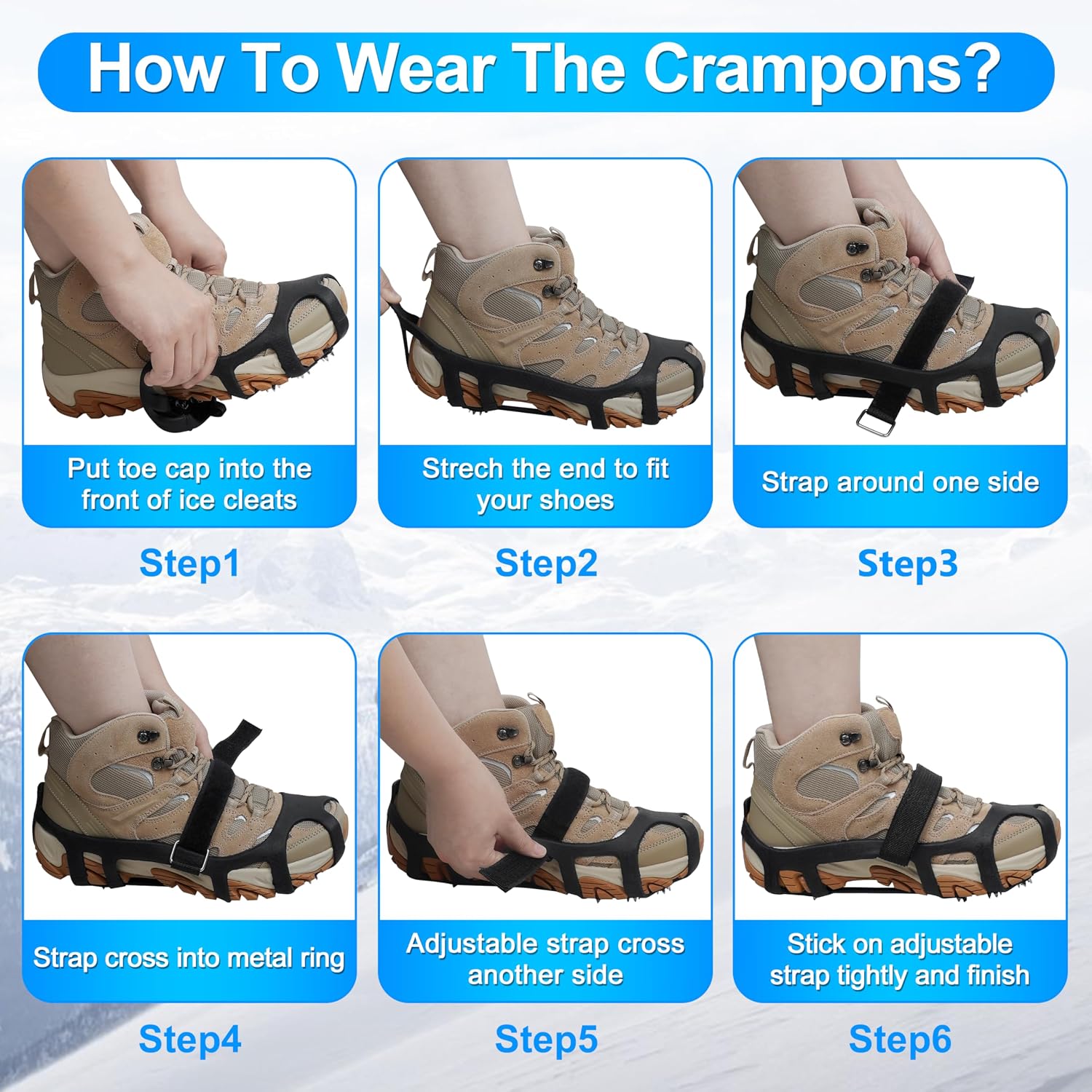 Ice Cleats for Shoes and Boots Crampons Snow Traction Cleats Anti Slip Overshoe 9 Steel Studs Shoe Grippers Slip-on Stretch Footwear for Women Men Kids Winter Hiking Climbing