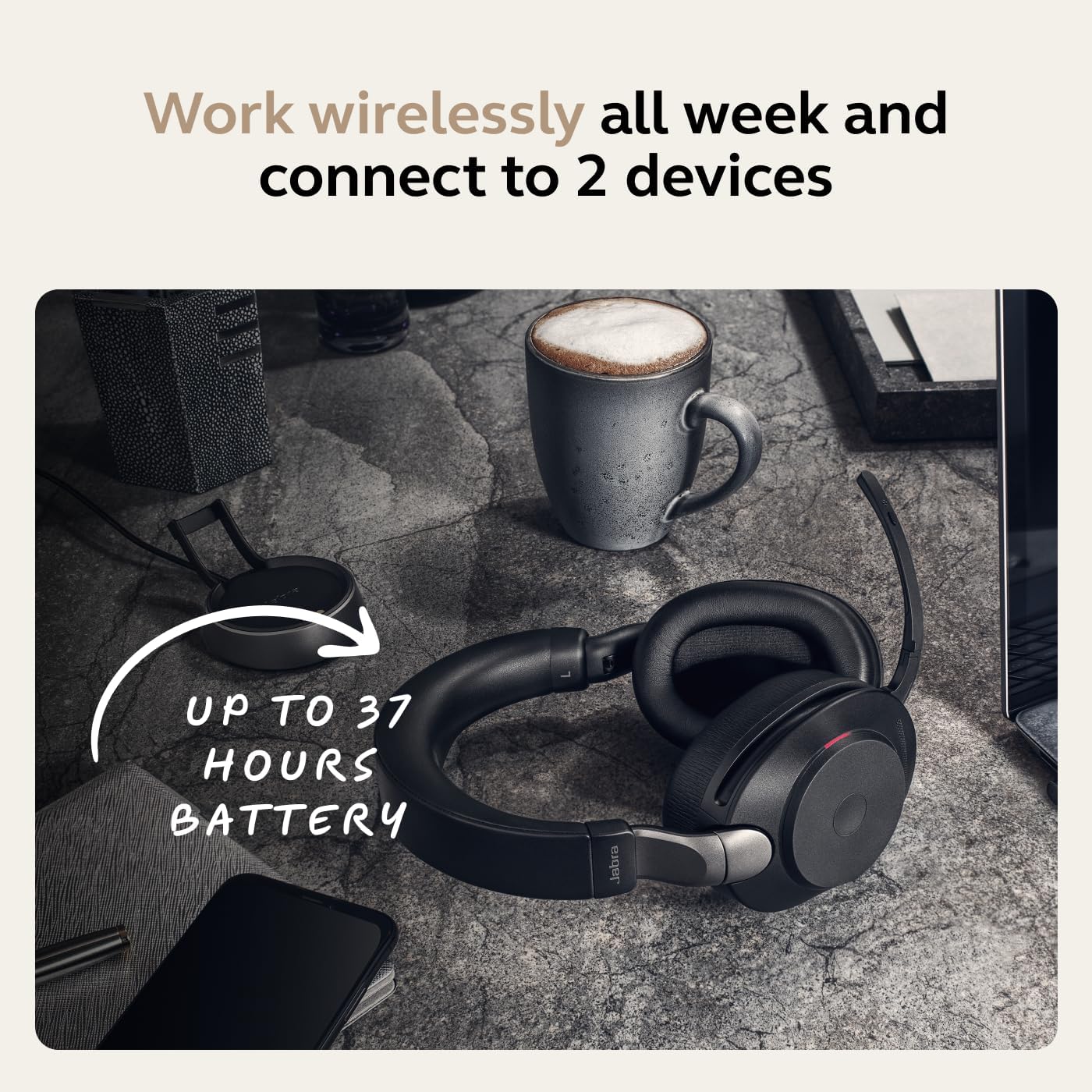 Jabra Evolve2 85 Wireless PC Headset – Noise Cancelling UC Certified Stereo Headphones with Long-Lasting Battery – USB-C Bluetooth Adapter –