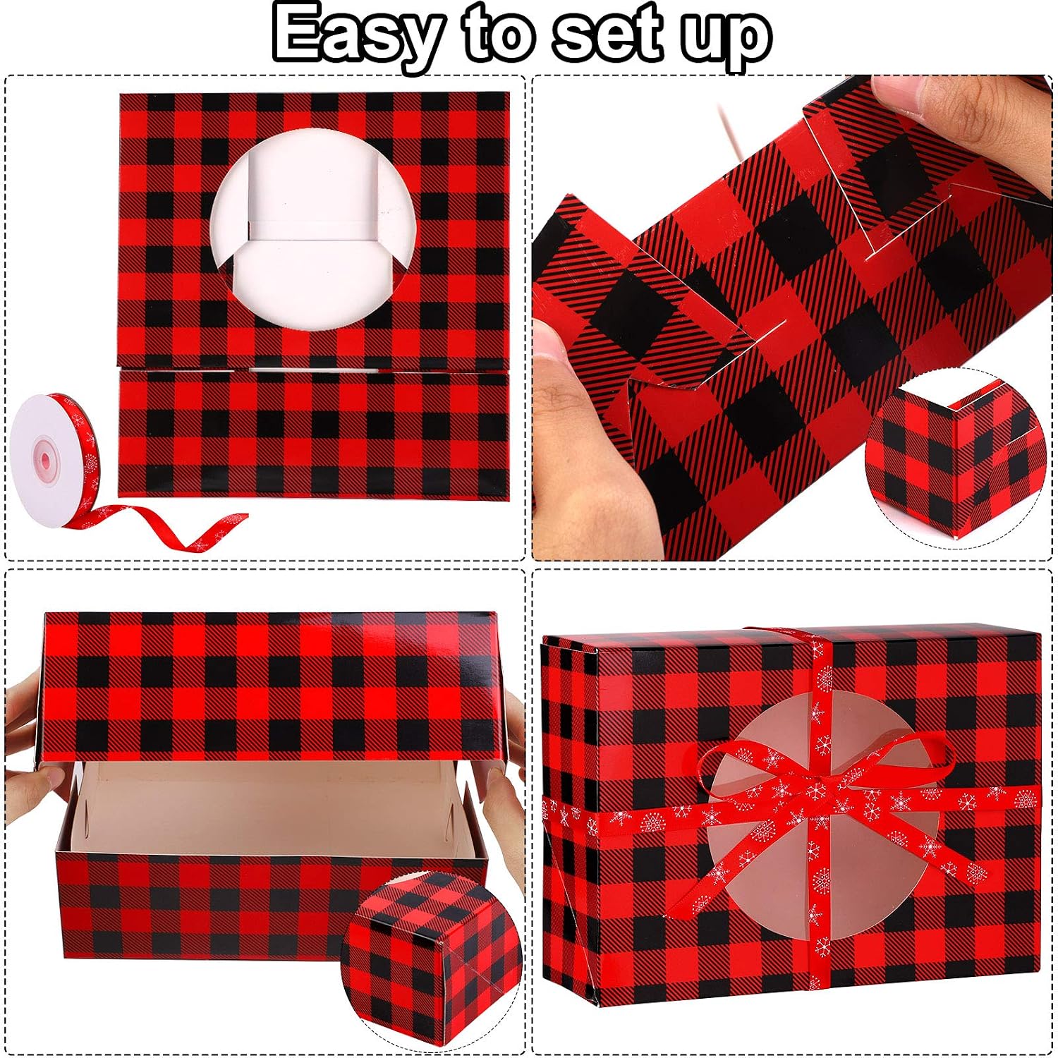 Aneco 12 Pack Christmas Cookie Boxes with Window Red and Black Plaid Holiday Treat Boxes Paper Food Boxes Xmas Gift Bags Cake Candy for Gift Giving