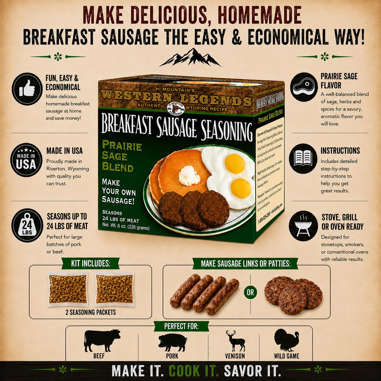 Hi Mountain Breakfast Sausage Seasoning | ORIGINAL MOUNTAIN MAN | 24 lbs | Hearty Old West mix for homemade pork, venison, deer, elk & wild game sausage patties or breakfast sausage links