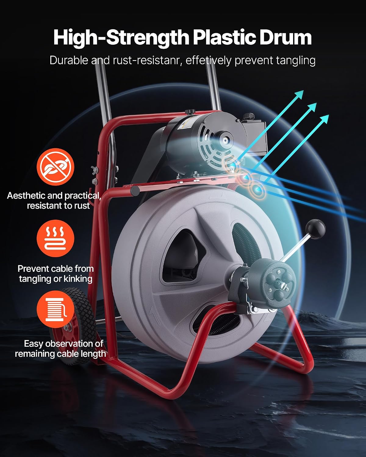VEVOR Drain Cleaner Machine 100 FT x 1/2 Inch, Auto Feed Sewer Snake Drain Auger on Wheels, Portable Drain Cleaning Machine with 8 Cutters & Air-Activated Foot Switch for 2" to 6" Pipes