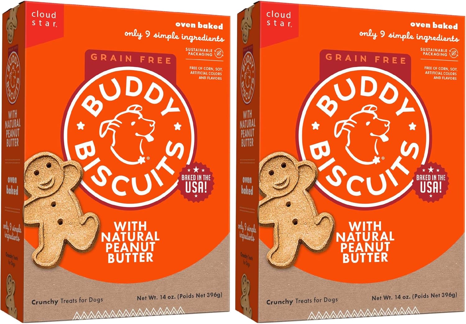 Buddy Biscuits Grain Free Dog Treats, Baked in USA, Large Size Treat with Natural Peanut Butter 14 oz.