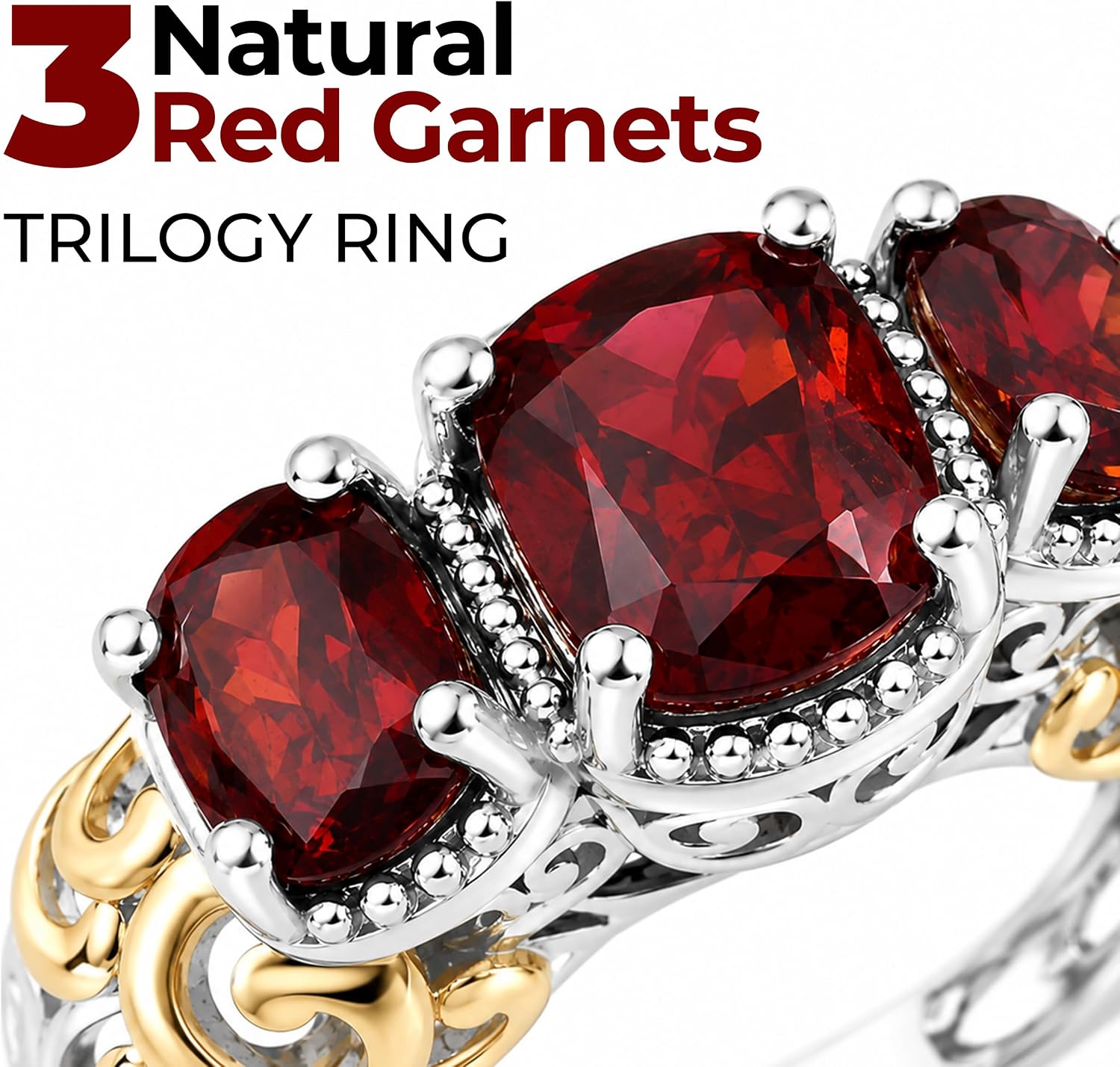 3 Stone Garnet Ring Silver with 14K Gold Plating January Birthstone Ring