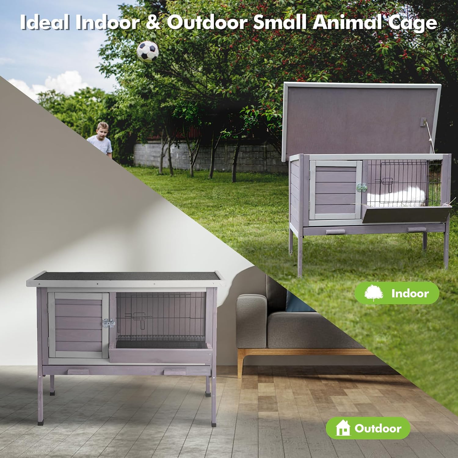 Rabbit Hutch, Wooden Bunny Cages Indoor with Deeper Leakproof Tray - Upgrade with Metal Wire Pan (Grey, Rabbit Hutch #001-B) Large