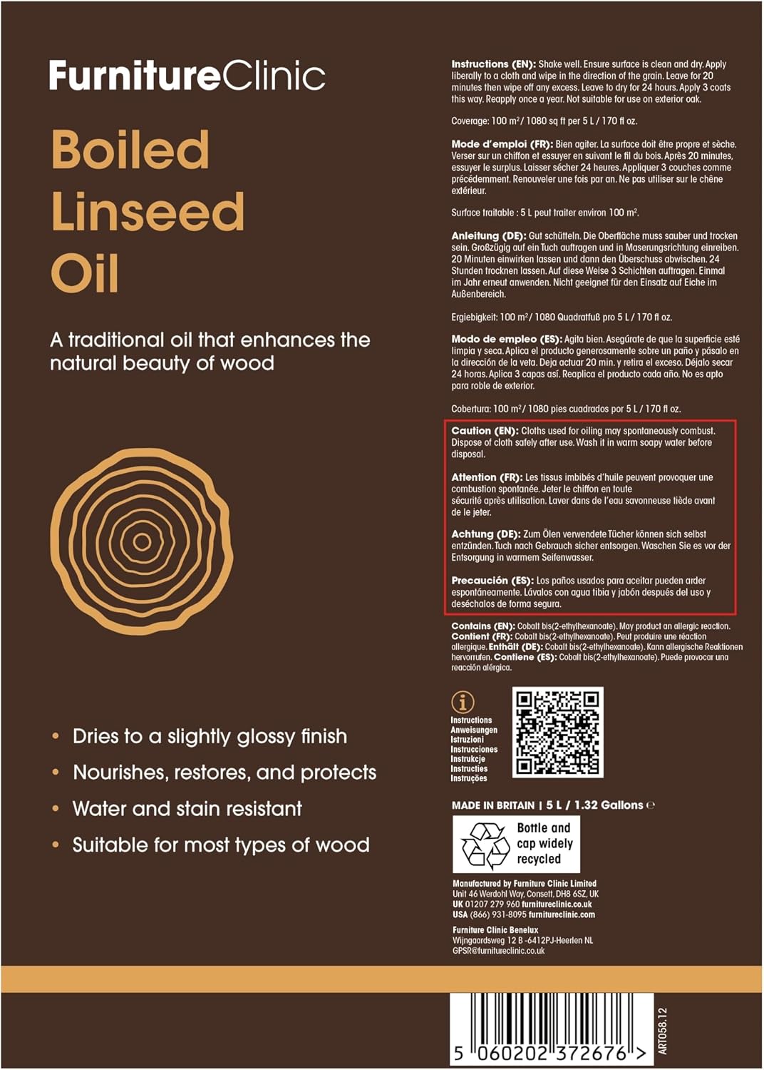 Furniture Clinic Boiled Linseed Oil | 500ml / 17 Fl Oz | Refined Oil for Wood Furniture, Stone & Metal | Fast Drying Glossy Finish | Restore & Protect | for Tables, Cabinets, Handles, & More