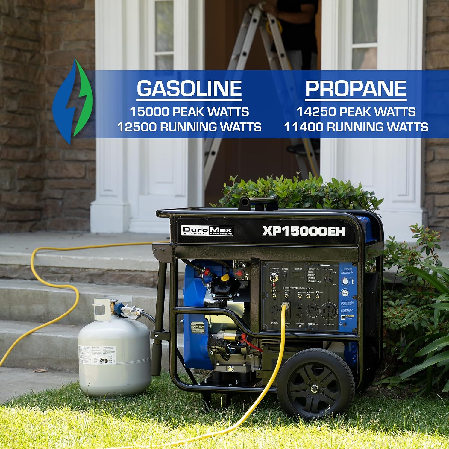 DuroMax XP12000EH 12,000-Watt Dual Fuel Portable Generator – Gas & Propane, Electric Start, Whole Home Backup Power, Transfer Switch Ready, RV & Emergency Ready