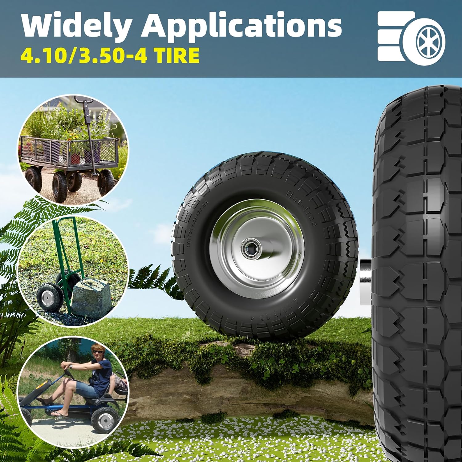 【UPGRADED】4.10/3.50-4 Tire and Wheel Flat Free, 10 Inch Solid Rubber Tire with 5/8”Axle Bore Hole and Double Sealed Bearings