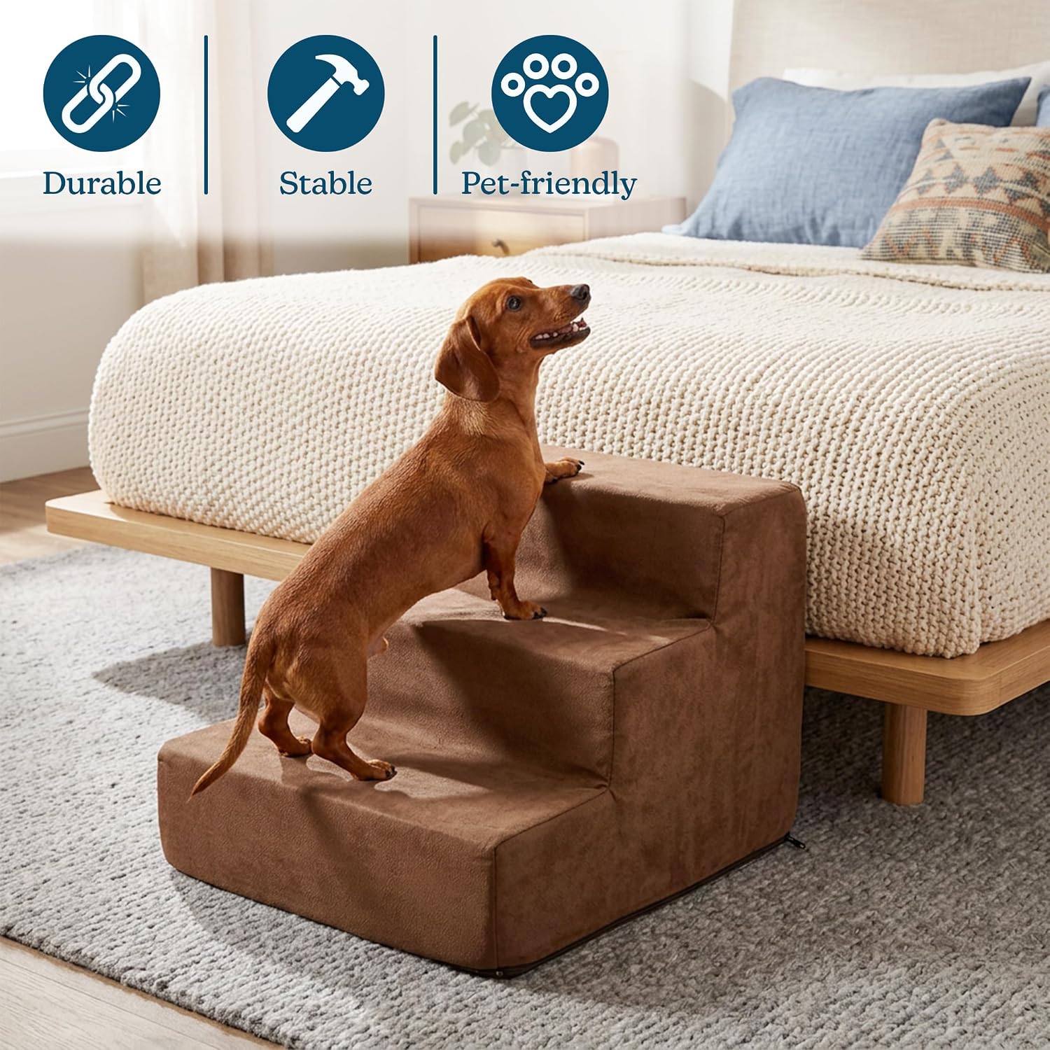 3-Step Pet Stairs - Nonslip Foam Dog and Cat Steps with Removable Zippered Microfiber Cover - 2-Tone Design for Home or Vehicle Use by PETMAKER (Tan) | 3-Step Pet Steps for High Bed and Couch - Pet Stairs with Nonslip Bottom, High-Density Foam, and Remov…