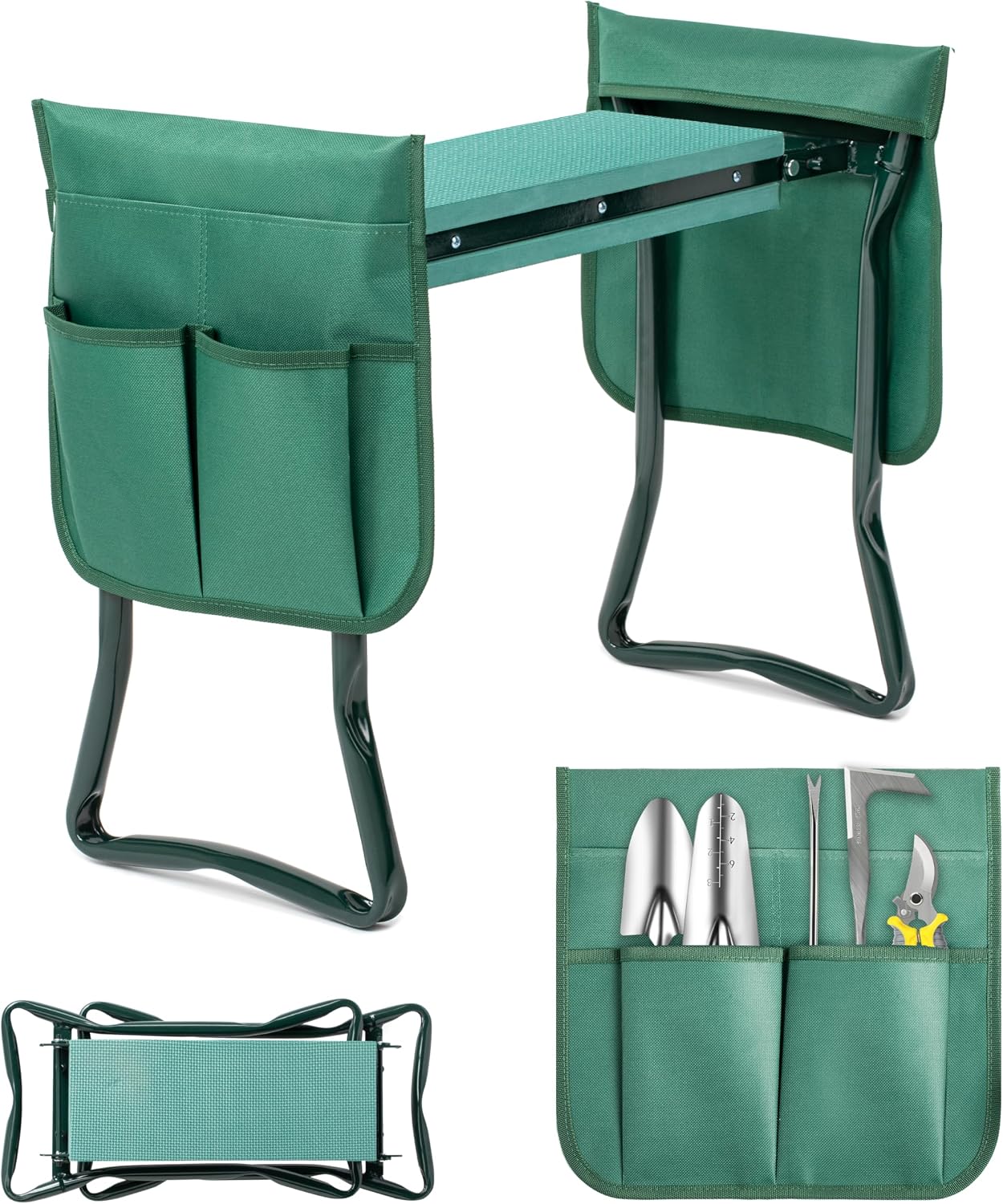 iPower Garden Kneeler and Seat Foldable Kneeling Bench with Sturdy Soft EVA Foam Pad for Outdoor, Fishing, Camping, 2 Tool Pouches Included, Green