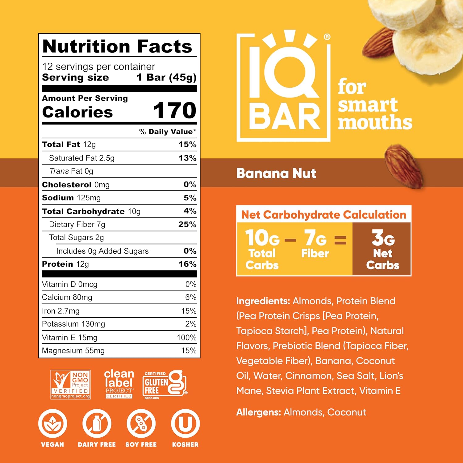 IQBAR Clean Protein Bars, Low Sugar Keto, Banana Nut 12-Count