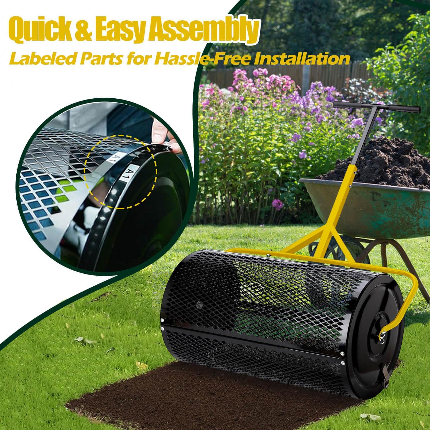 2026 Upgraded 30 Inch Compost Spreader, 26 Gal/99L Large Capacity Heavy Duty Peat Moss Spreader for Lawn, Stable T-Handle Manual Spreader for Top Soil