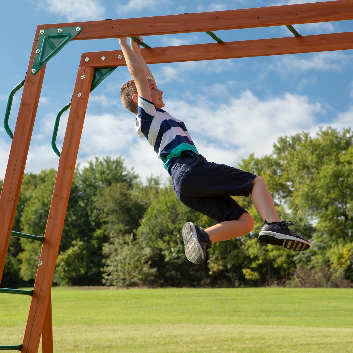 Backyard Discovery Skyfort II Cedar Wood Swing Set with Wave Slide, Raised Clubhouse, Crow's Nest, Monkey Bars, Balcony, Belt Swings, Trapeze
