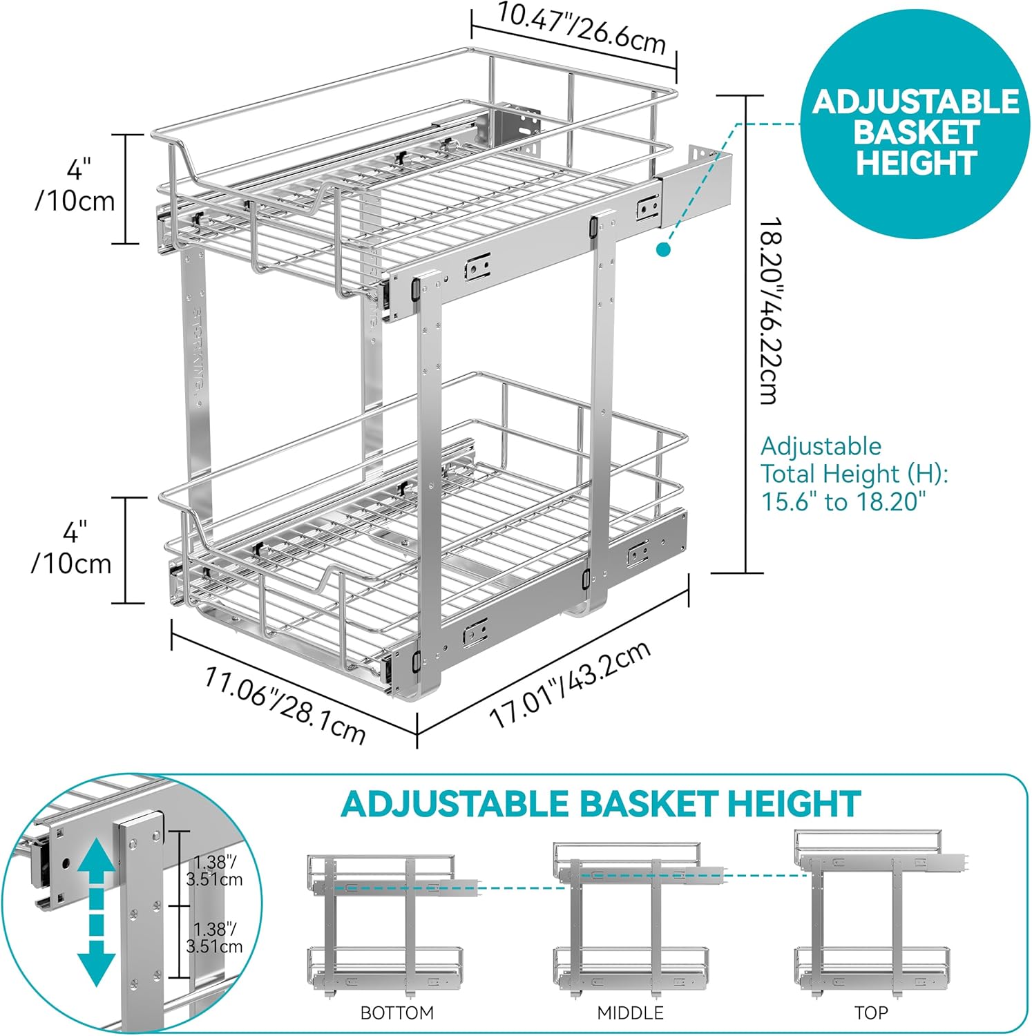 2 Tier Pull Out Cabinet Organizer 11" W X 22" D, Chromed, Full Slide Out