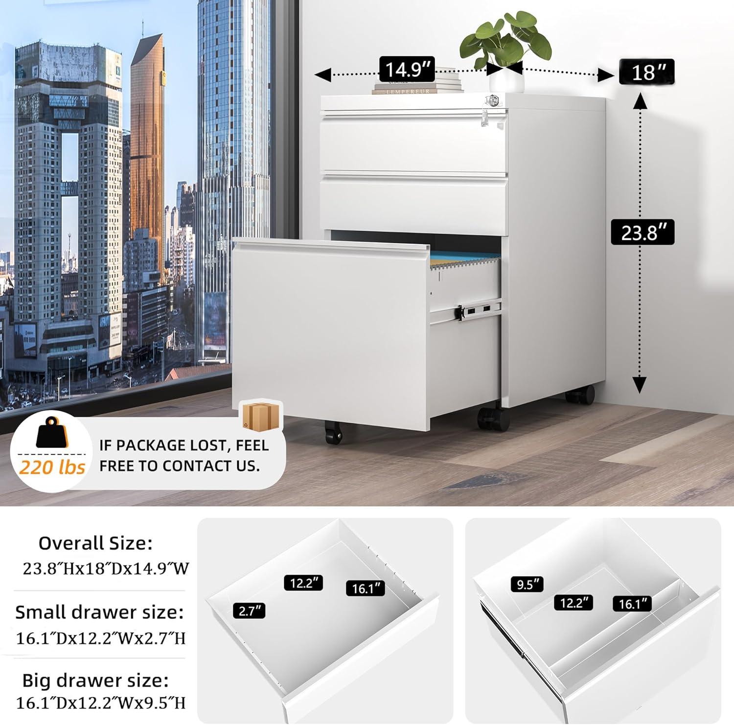 3 Drawer Filing Cabinet with Lock, White Mobile File Cabinet with Wheels, Rolling Small Metal Cabinets Under Desk for Home Office, Assembled