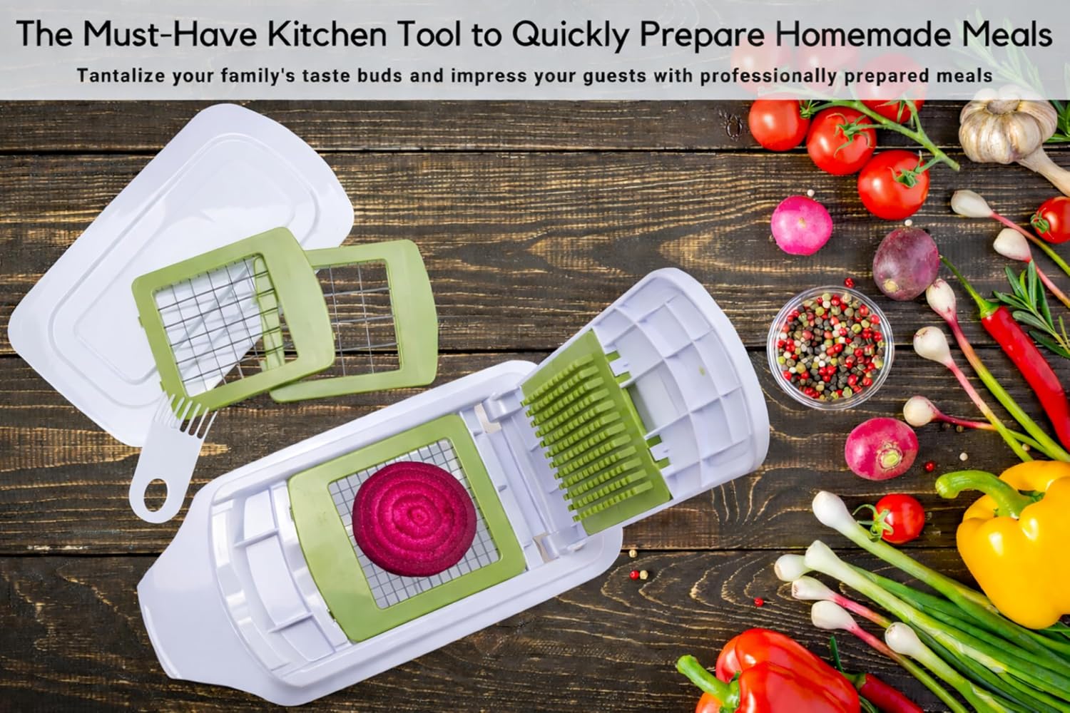 Brieftons QuickPush Manual Vegetable Chopper: 8-Cup Push-Down Onion Dicer & Food Chopper, 3 German Steel Blades