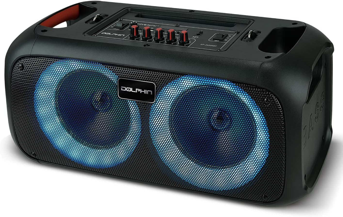 Dolphin Boombox Bluetooth Party Speaker with Wired Mic, Dual 6.5" Woofers | 1" Tweeter, WaveSync Pairing, LED Lights, USB/microSD/FM/AUX