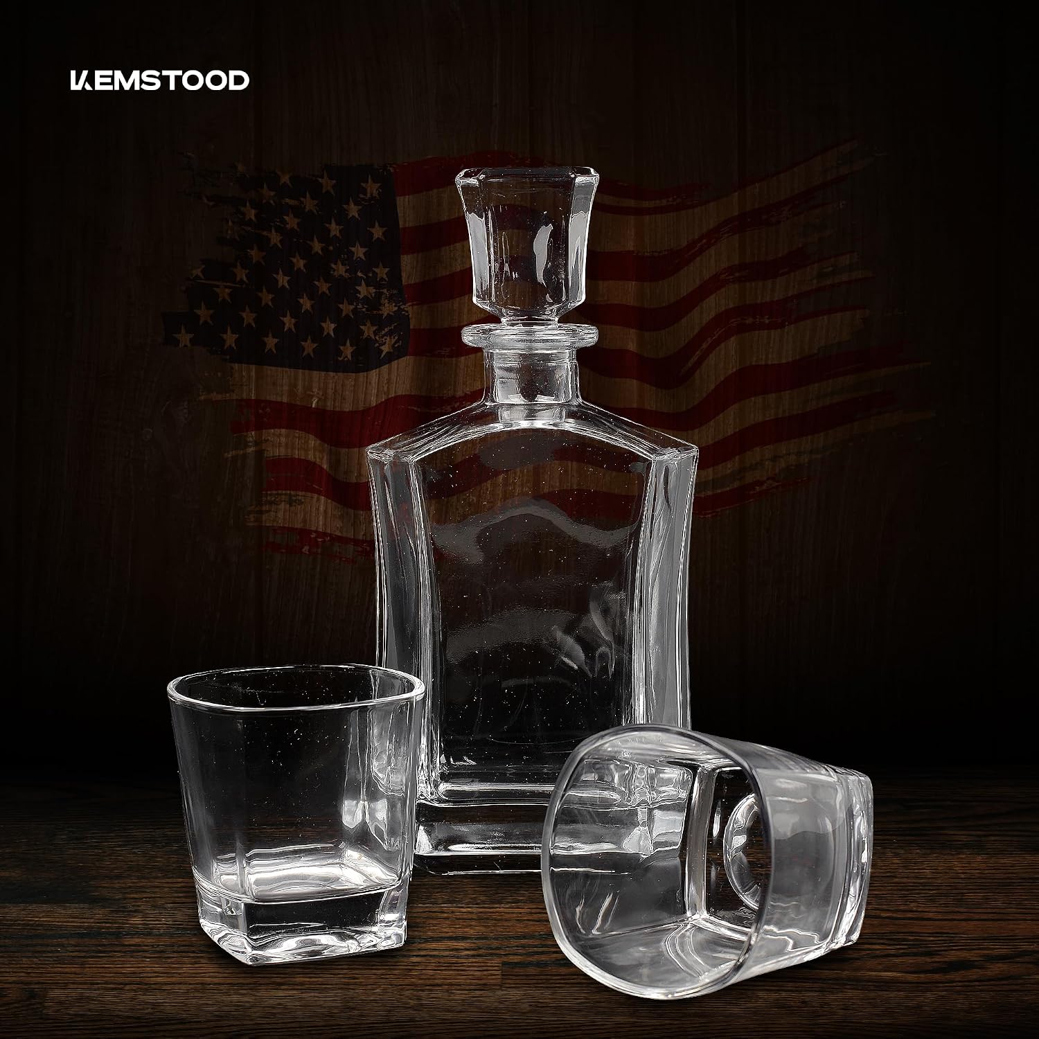 Kemstood Whiskey Decanter Sets for Men - Etched World Globe Design with Wood Stand & 2 Glass - Ideal for Dignified Drinking, Home Decor - Unique Whiskey Gifts for Men - 28 oz / 850 ml Capacity