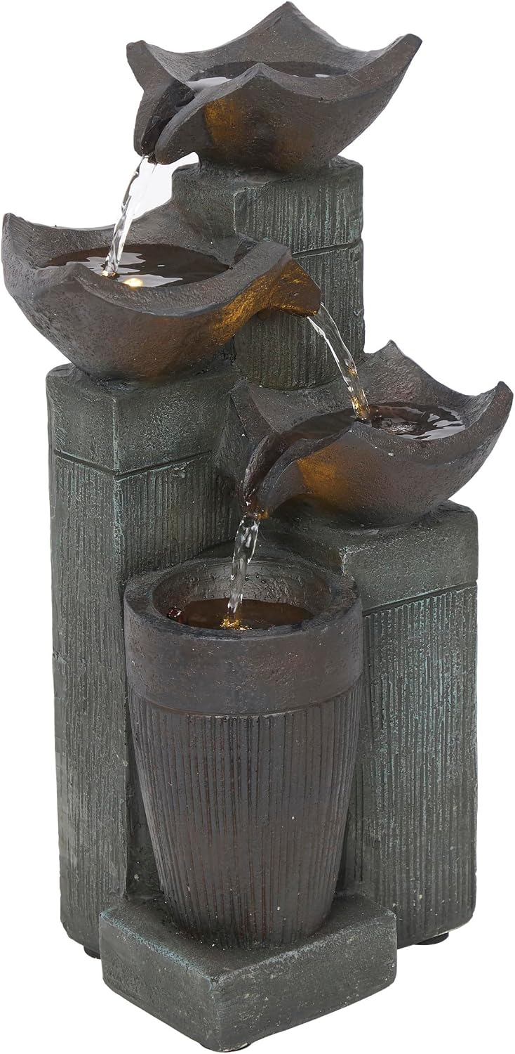 Alpine Corporation WIN326 Indoor Tabletop Light-Up Tiered Rainforest Tree Trunk Water Fountain with LED Lights, 11", Brown
