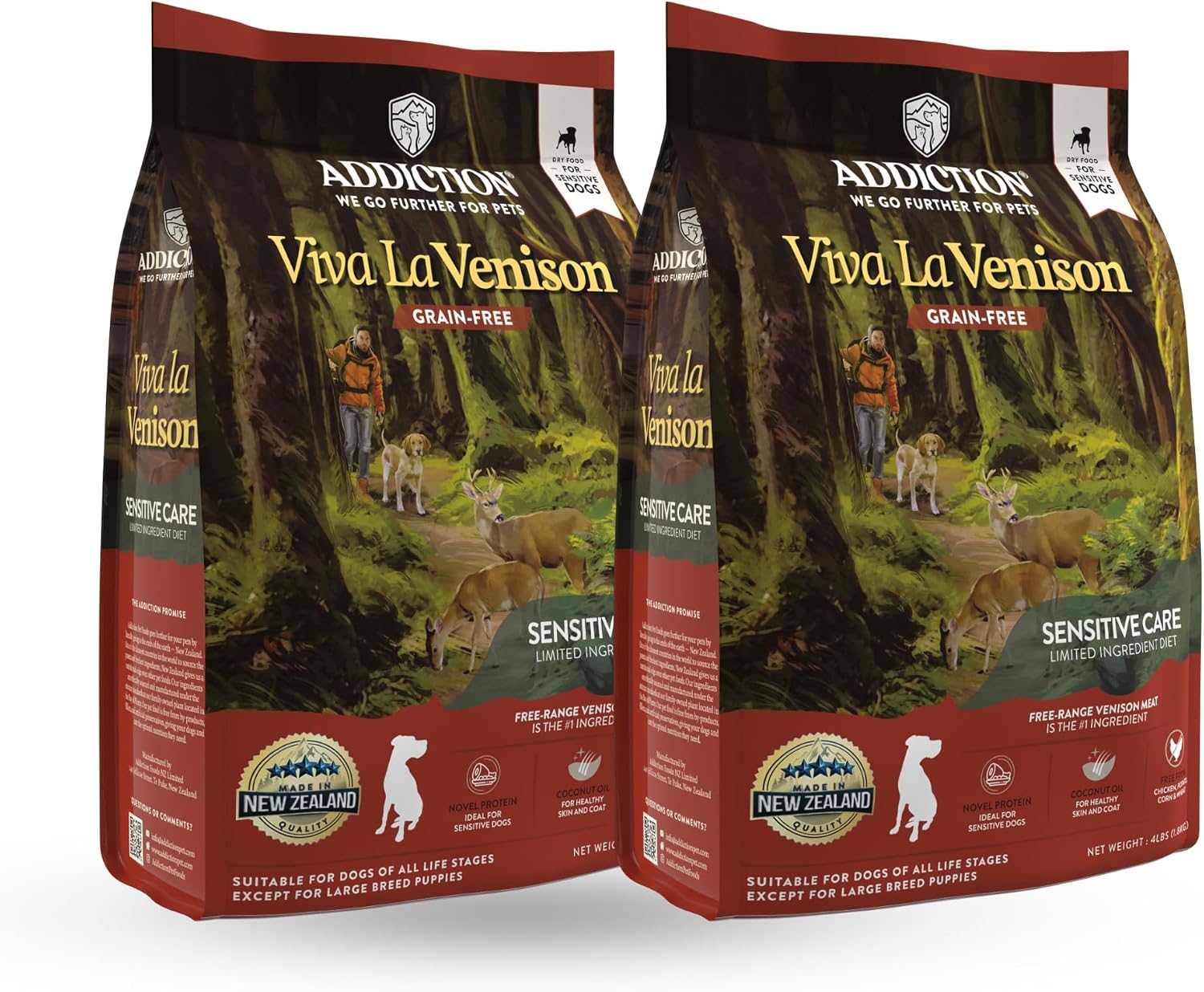Addiction Viva La Venison Dog Food – Grain-Free Dry Dog Food with Novel Protein & Prebiotics, No Chicken, Beef, or Turkey – Ideal for All Dogs & Puppies – Made in New Zealand 4lb