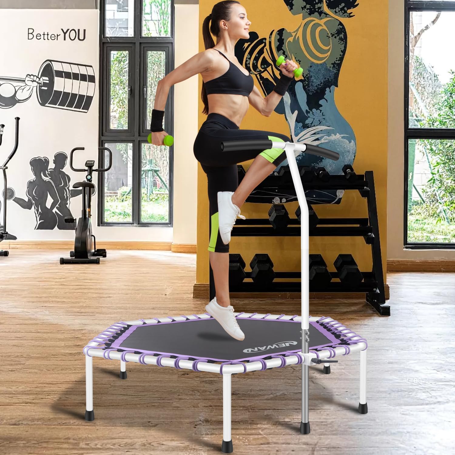 Newan 48'' Fitness Trampoline with Adjustable Handle Bar, Silent Trampoline Bungee Rebounder Jumping Cardio Trainer Workout for Adults - Max Limit 330 lbs