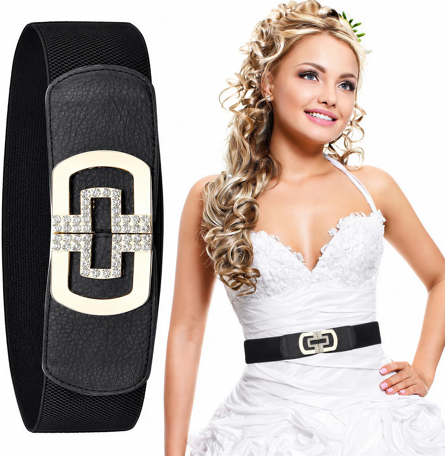 Trimming Shop Women's 60mm Elastic Waist Diamond Embellishment Belt Buckle