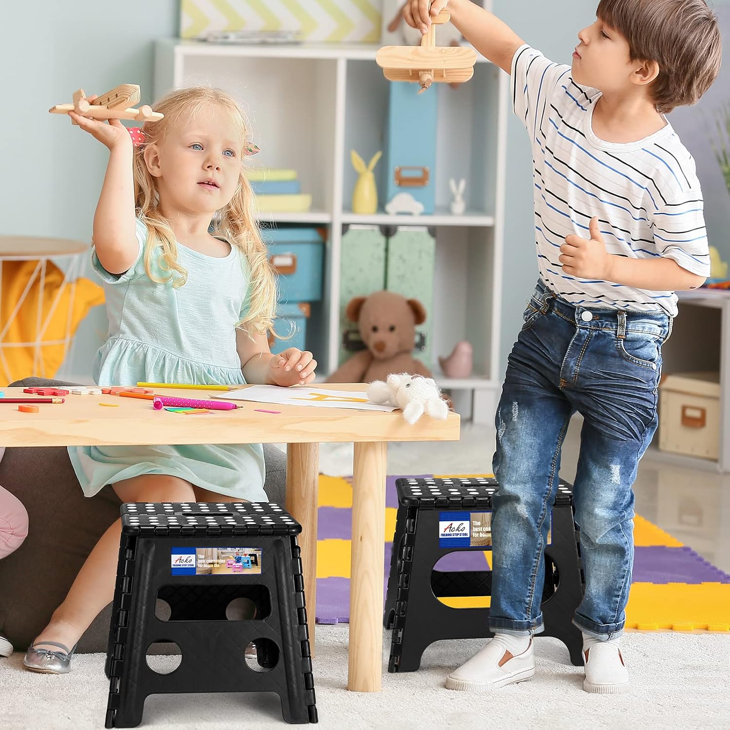 ACKO 13 Inch Folding Step Stool, Holds 300 lb for Adults and Kids, Black | Collapsible Heavy Duty Foldable Stools, Portable Non-Slip Foot Stepping stool, Kitchen Bathroom Bedroom Outdoor with Handle
