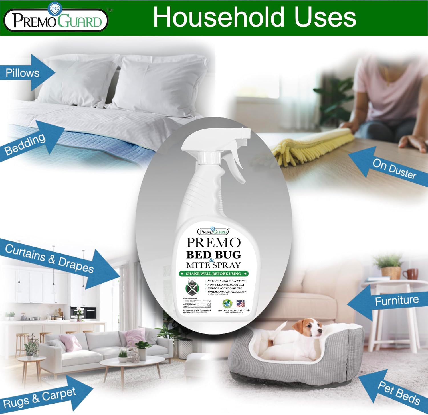 Premo Guard Bed Bug & Mite Killer Spray – University Tested 100% Kill Rate | Natural, Safe for Bedding, Furniture, Fabrics, and Clothing, Non Toxic, Stain & Scent Free, Child & Pet Safe