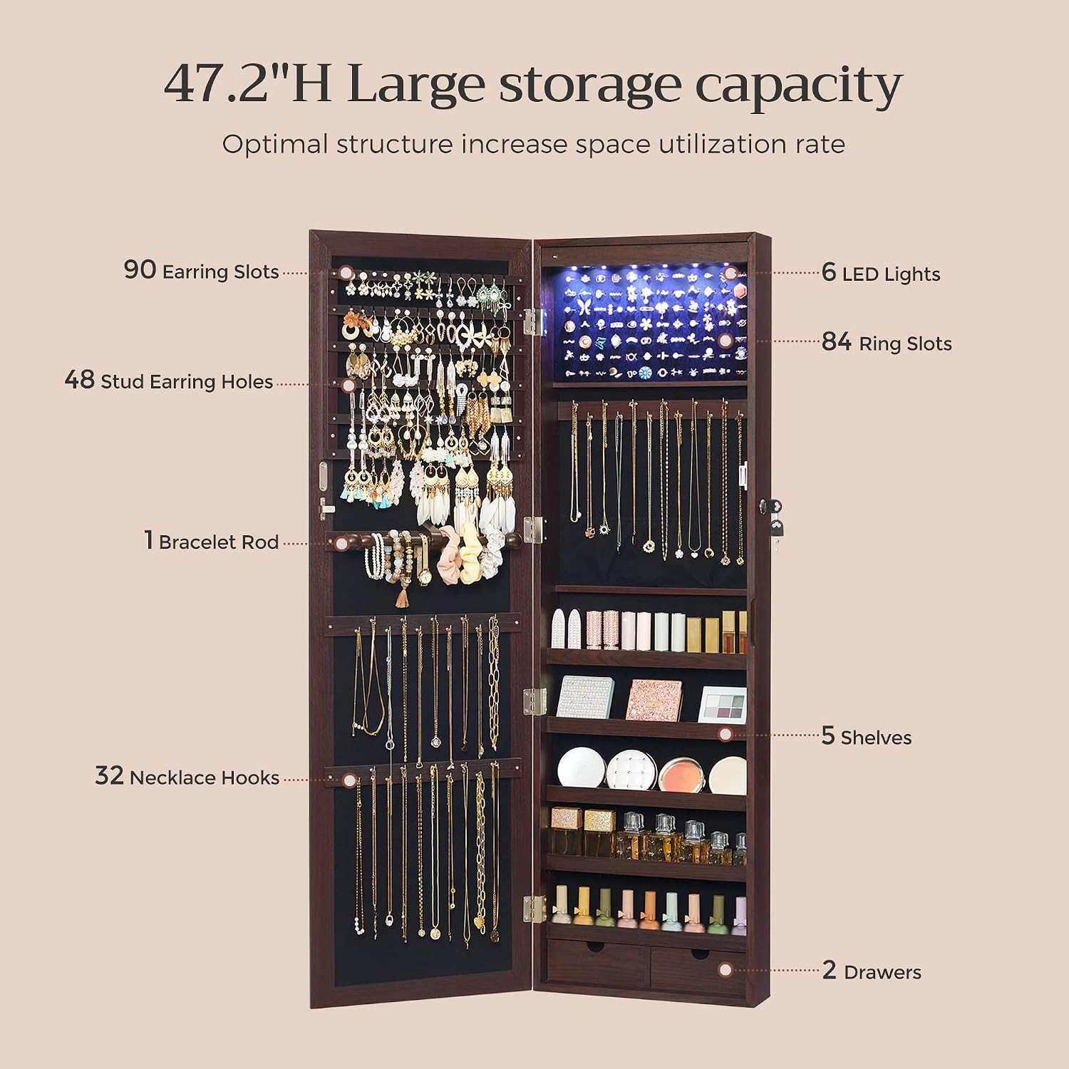 SONGMICS 6 LEDs Mirror Jewelry Cabinet, 47.2-Inch Tall Lockable Wall or Door Mounted Jewelry Armoire Organizer with Mirror, 2 Drawers, 3.9 x 14.6 x 47.2 Inches, White UJJC93W