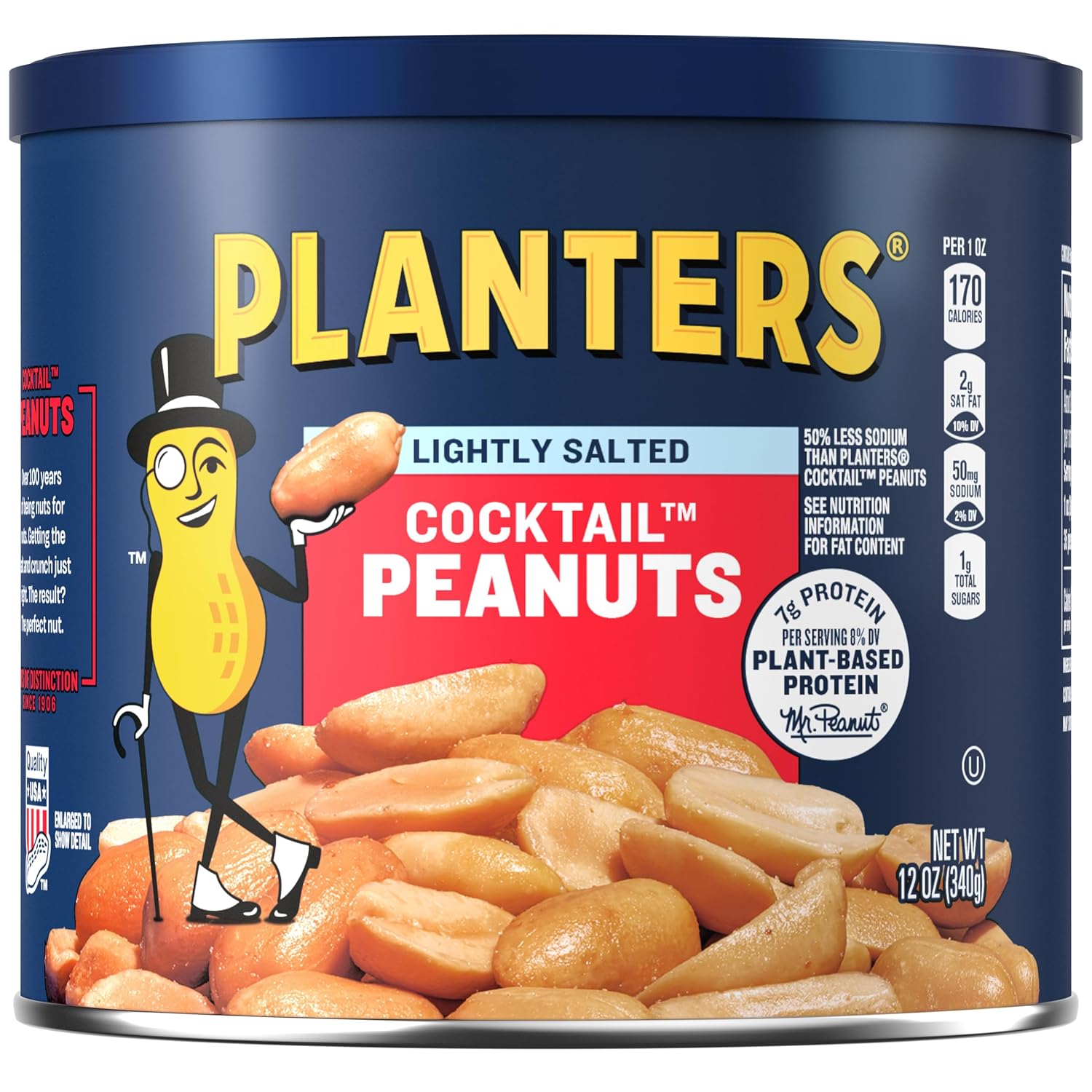 PLANTERS Salted Peanuts, Plant Based Protein Snacks, 12 Oz (1 Ct) | Roasted Salted Nuts. Resealable Canister. Snacks for Adults. Party Mix, Party Snacks