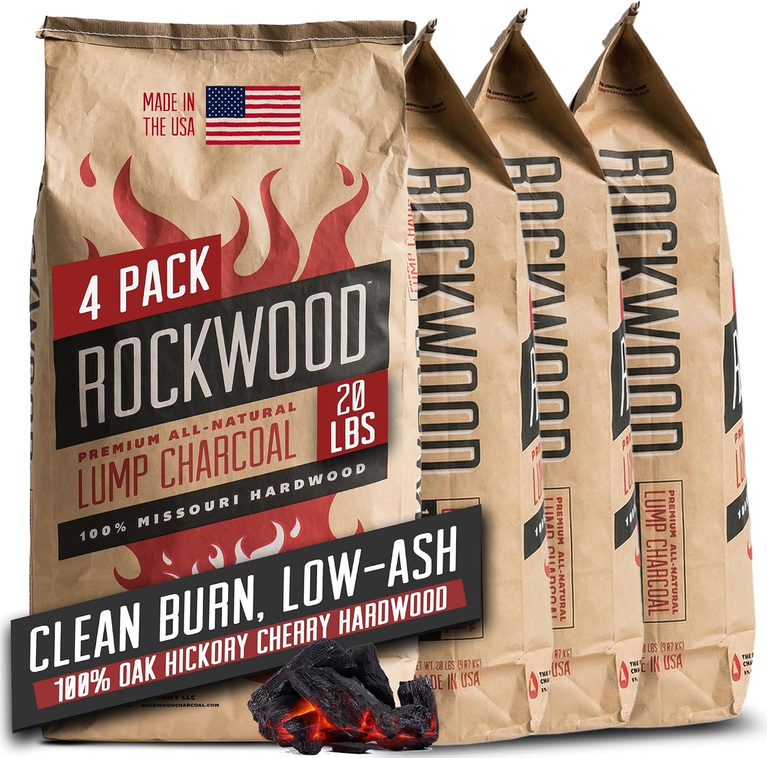 Rockwood Natural Lump Charcoal – Hardwood Lump Charcoal - 20 lbs, 1 Pack | Hardwood Lump Charcoal with Blend of Oak, Hickory & Cherry - Clean Burn, High Heat Grilling & Smoking - For Kettle & Kamado