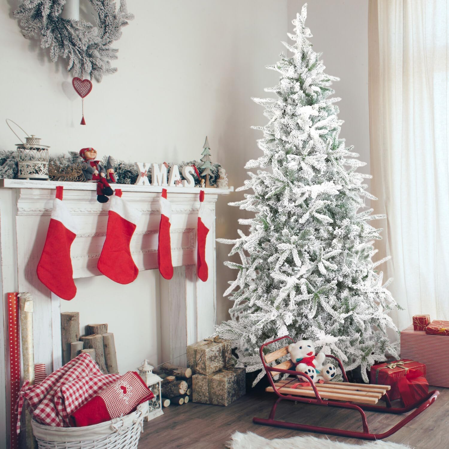 Fraser Hill Farm 7.5-Ft. Mountain Pine Flocked Artificial Christmas Tree with Stand, Unlit Foldable Fake Tree with Realistic Snowy Foliage for Home Decoration