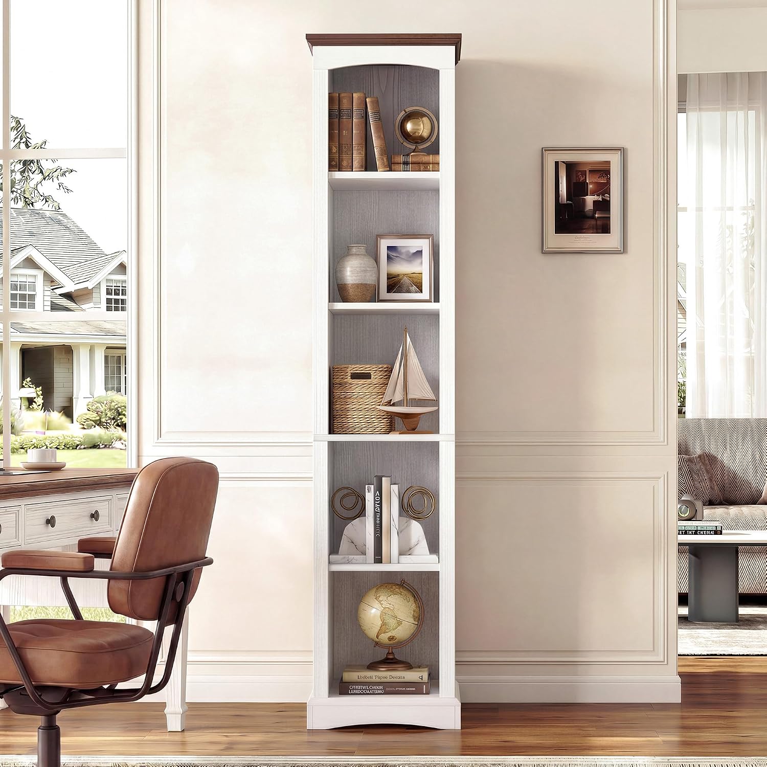 IRONCK 70" Tall Narrow 5-Tier Bookshelf, Farmhouse Bookcase White | White finish, anti-tip design, wood thick open shelf, cube storage for home office