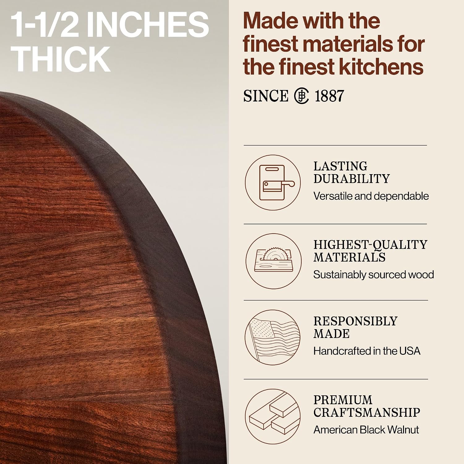 John Boos R-Board Series Round Wooden Maple Cutting Board 18”x18” – 1.5” Thick, 14-lb Reversible Butcher Block with Edge-Grain – Made in the USA