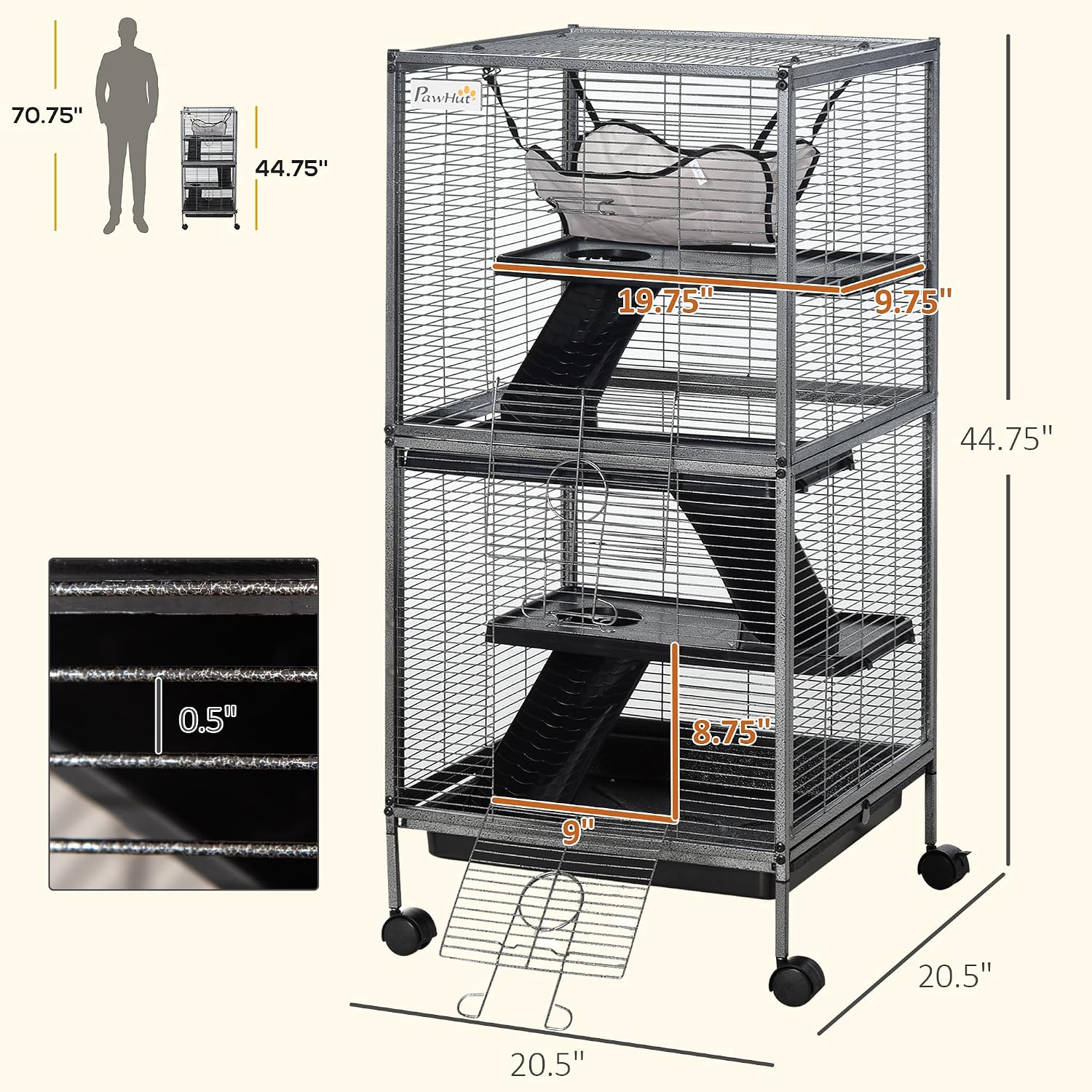 PawHut Metal Small Animal Cage, 4-Tiers Rolling Big Ferret Cage, Gray