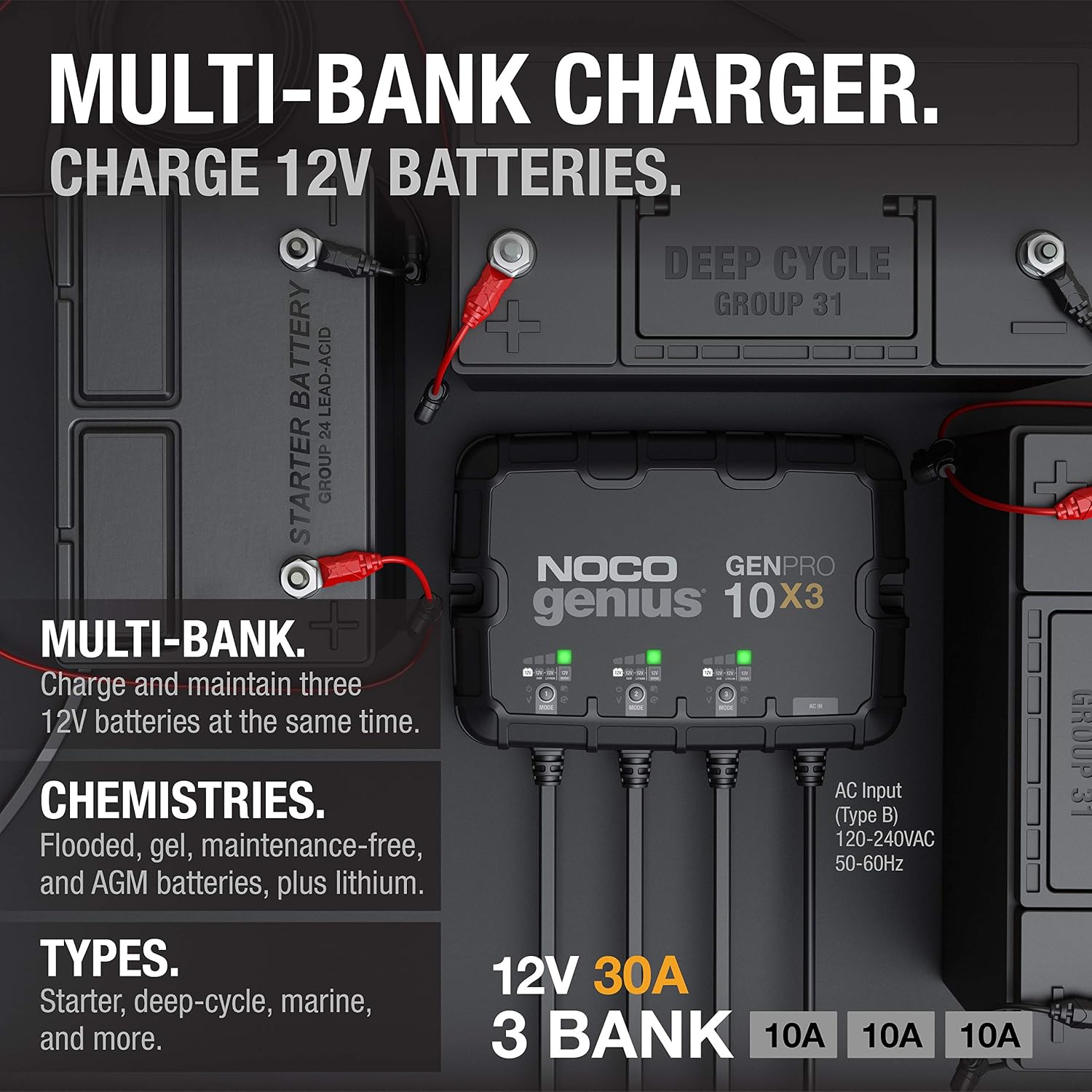 NOCO GENPRO10X3 12V 30A 3-Bank OnBoard Marine Battery Charger & Maintainer
