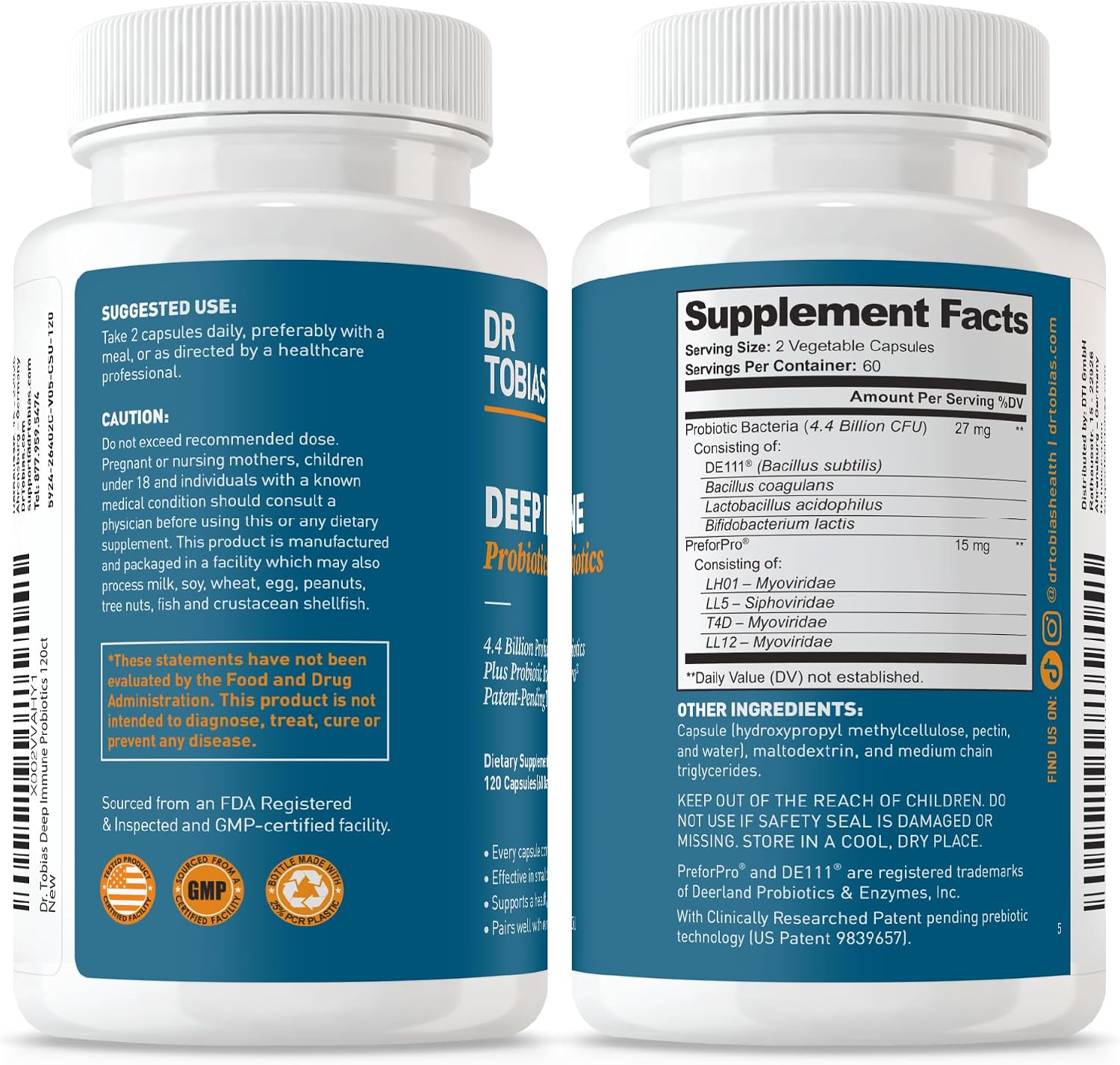 Dr. Tobias Deep Immune Probiotic + Prebiotic 60 Capsules | Gut Health | Dual Action Gut & Immune Support | DE111 Spore Forming Probiotics + PreforPro | Targeted Release | Shelf Stable | 30 Servings
