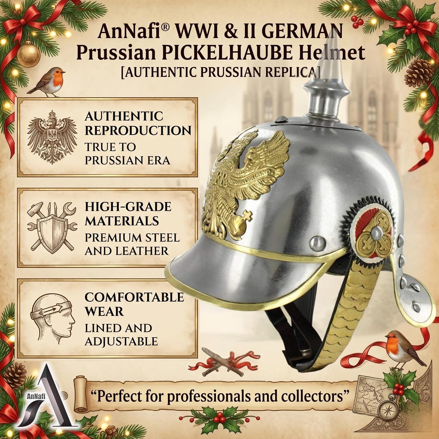 AnNafi® German Pickelhaube Military Helmet, Steel Imperial Prussian Officer Spiked, WWI & WWII Helmets Replica