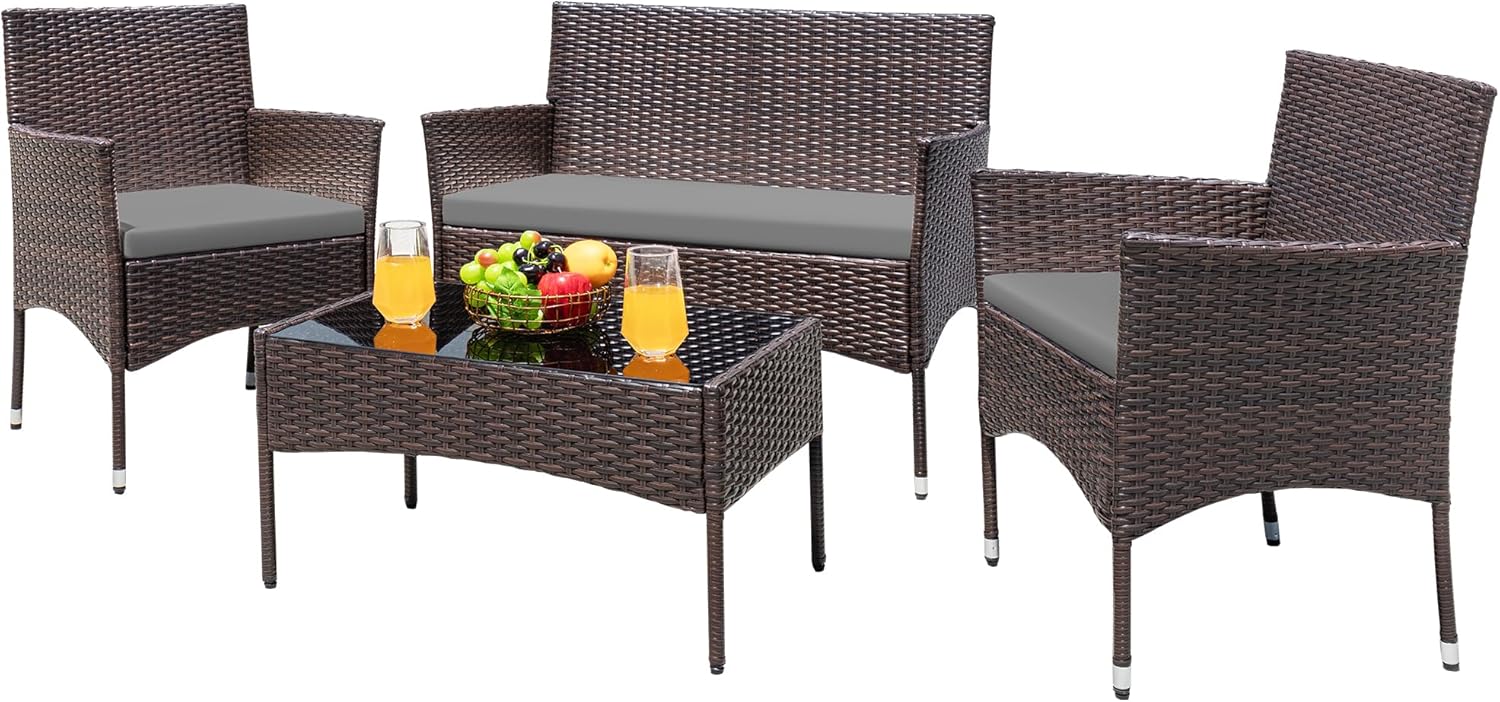 Greesum Patio Furniture 4 Pieces Conversation Sets,Brown and Beige