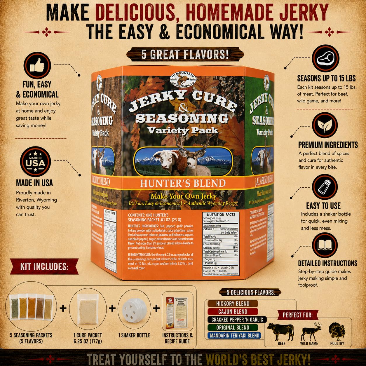 Hi Mountain BOLD & SAVORY Jerky Seasoning and Cure Kit | Variety Pack | Bold & savory flavors: Mandarin Teriyaki, Pepperoni, Sweet & Spicy, Inferno, & Pepper, Beef, Venison, Deer, Elk, Up to 20 lbs