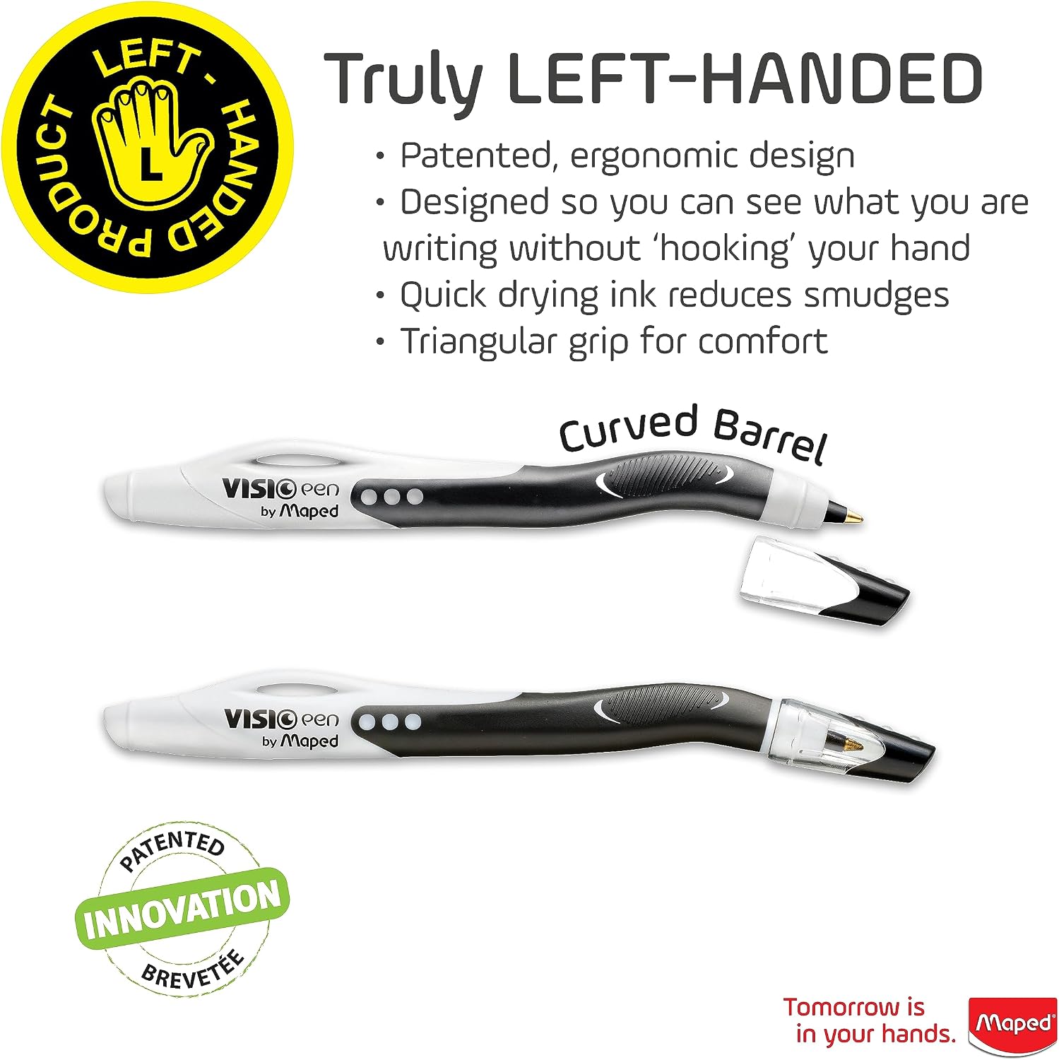 Maped - Visio - Left-handed ballpoint pens - Black ink - 2 count | Smudge-Resistant Quick Dry Technology - Ergonomic Comfort Grip - Smooth Consistent Writing - School Office Home Use