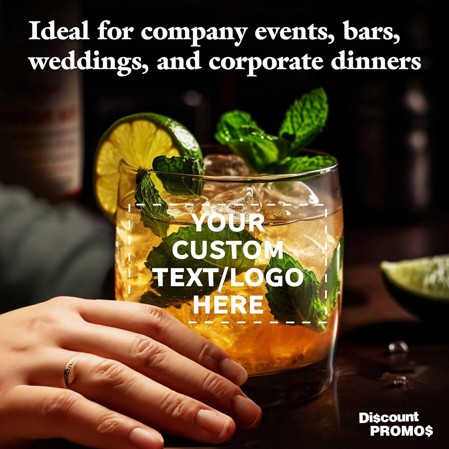 DISCOUNT PROMOS Custom Whiskey Glasses 10 oz Set of 10/50/100, Personalized Bulk Pack - Heavy Base Old Fashioned Glass, Perfect for Scotch, Bourbon