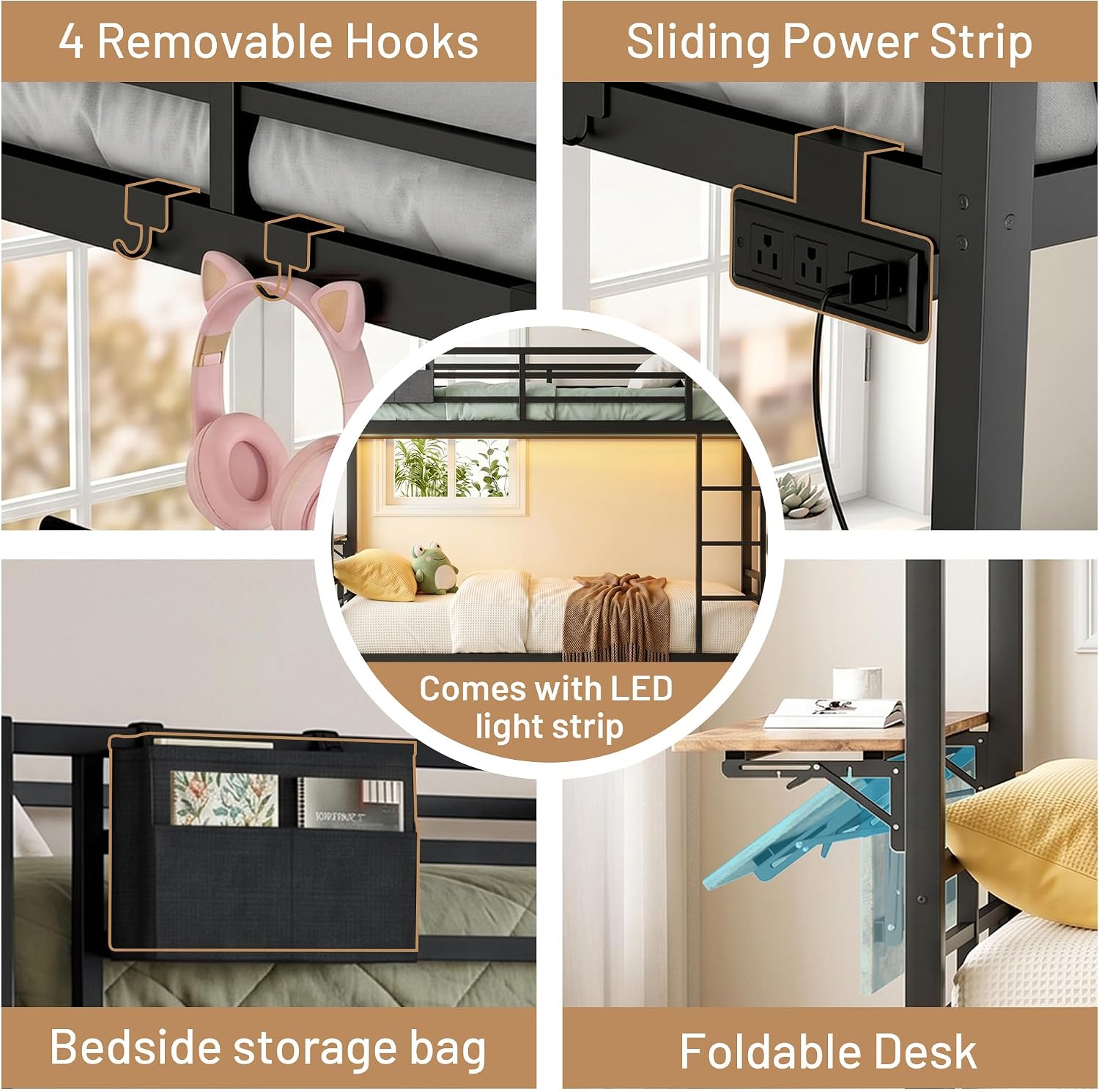 Twin XL Bunk Bed with Foldable Desk, LED Lights & Charging Station, Black | Upper Bunk Storage & 2 Drawers, Safety Guardrails with 4 Hooks, Space-Saving Design for Kids and Teens