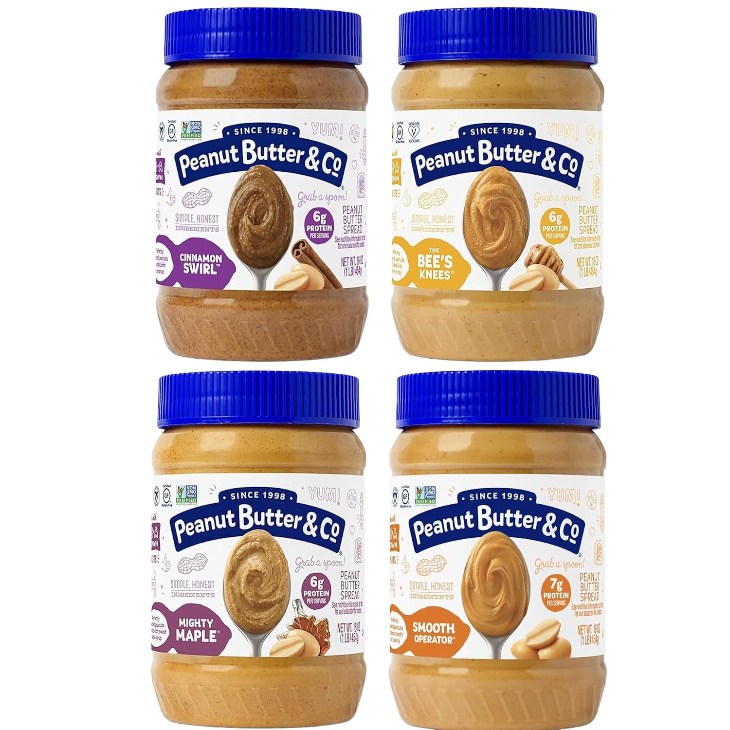 Peanut Butter & Co. Peanut Butter Variety Pack, 4 Flavors, 16 oz (4 Pack) | Non-GMO Project Verified, Gluten Free, Vegan, 6-7g Protein, 4 Flavors, No HFCS, USA-Frown, Pantry-Friendly Pack