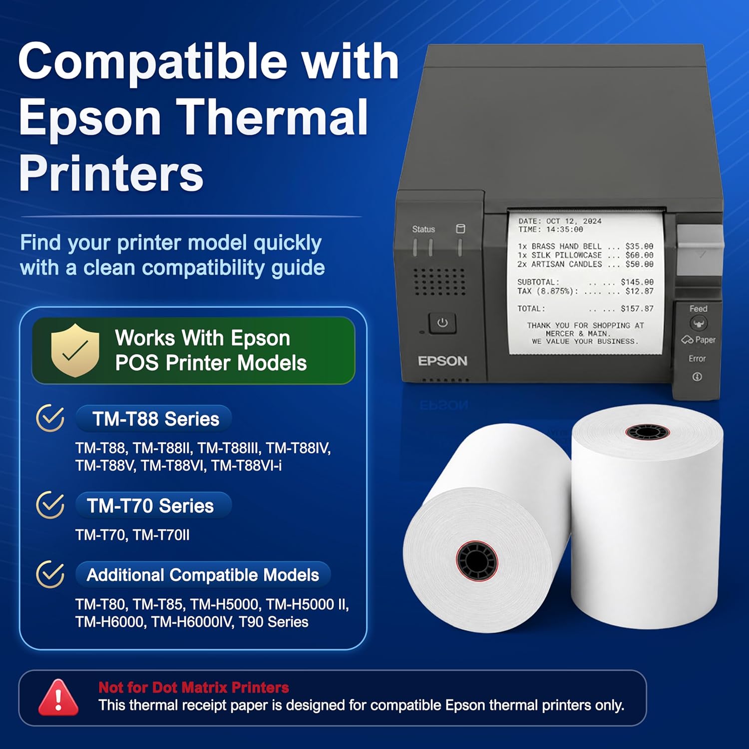 3 1/8 x 230 Thermal POS Rolls for Epson Printers, BPA Free Thermal Printing Compatible with TM-T88 TM-T70 TM-T80 TM-T85 TM-H6000 T90 Series