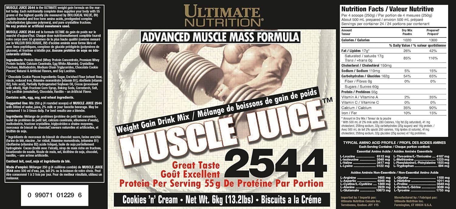 Ultimate Nutrition Muscle Juice 2544 Mass Gainer, Vanilla, 4.96 lb | 55g Protein Blend, 162g Carbs, 17g Fat, 1020 Calories, High Calorie Weight Gainer For Muscle Growth And Recovery