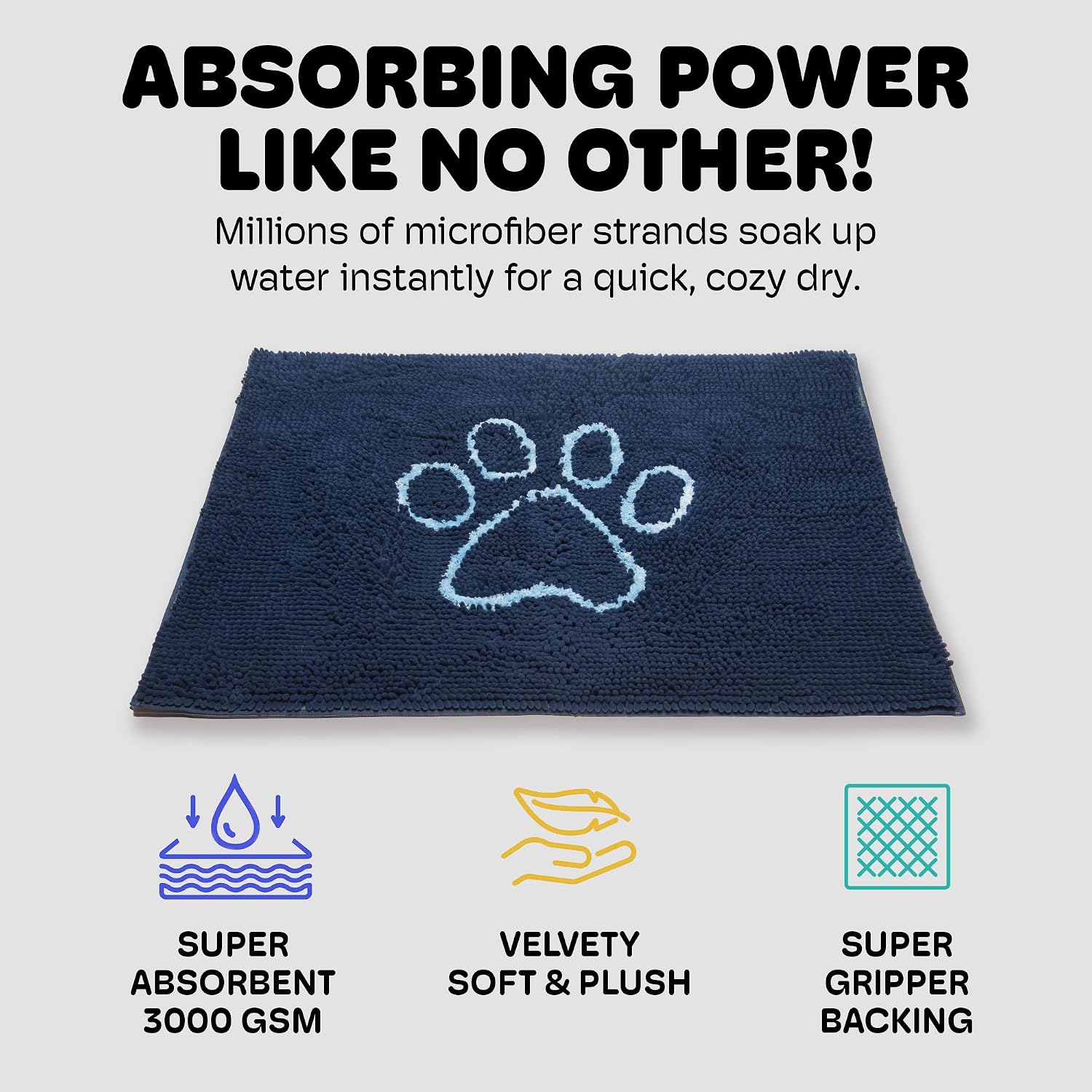 Dog Gone Smart Dirty Dog Doormat - Fast Drying Rug with Super Gripper Backing for Clean Floors - Super Absorbent and Machine Washable Mat for Muddy Paws - Grey