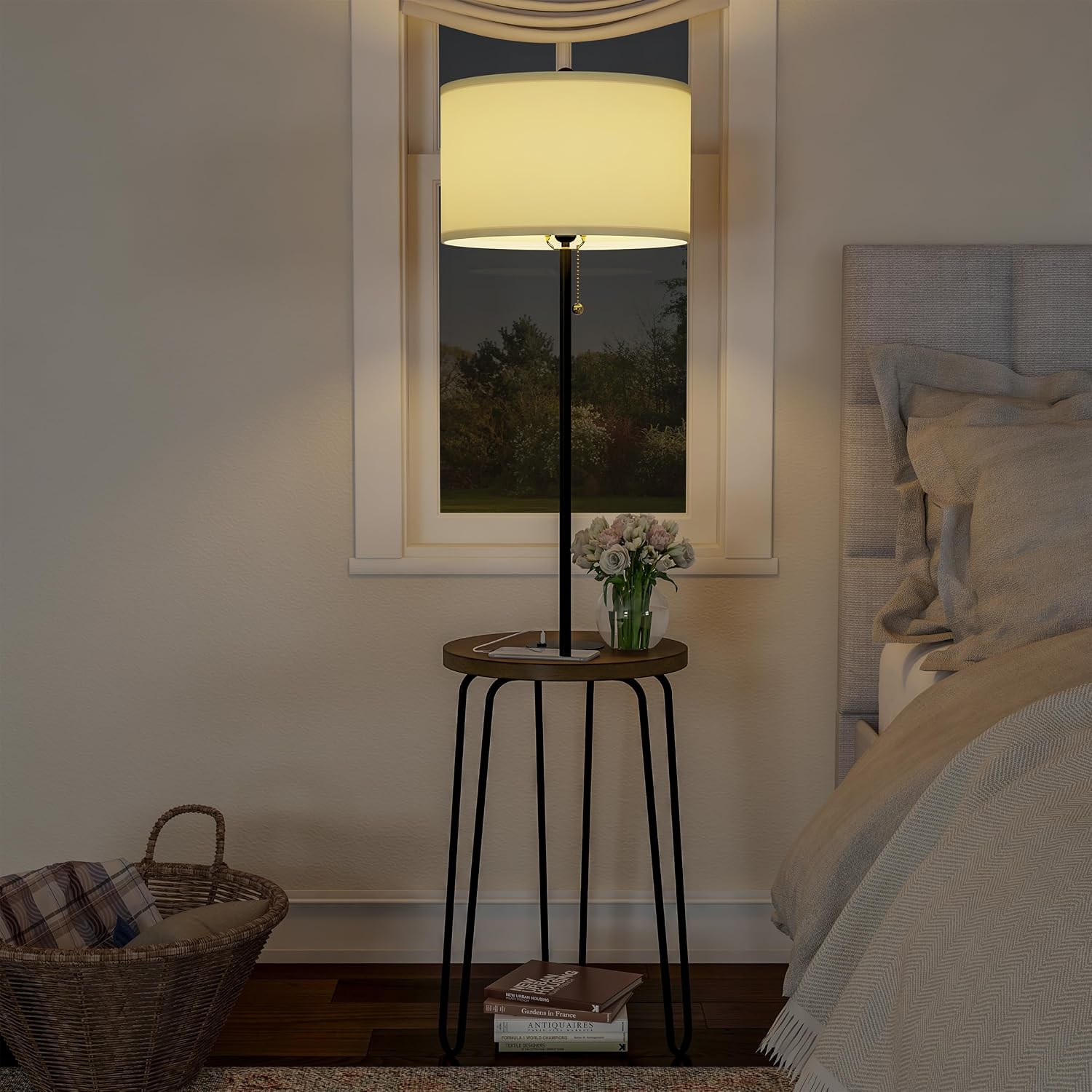 Lavish Home Floor Lamp with Built-In End Table, Brown/Black, 17” x 59” | Modern Side Table with USB Charging Port, LED Bulb, and Hairpin Legs
