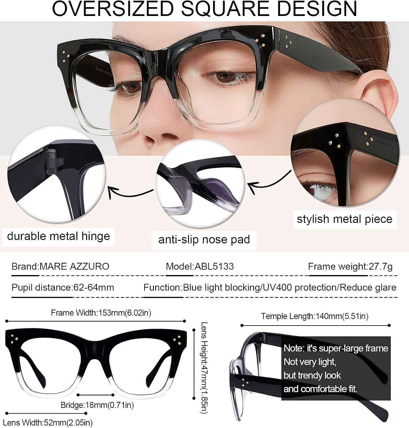 MARE AZZURO Oversized Reading Glasses Women Trendy Large Readers 0 1.0 1.25 1.5 1.75 2.0 2.25 2.5 2.75 3.0 3.5 4.0 5.0 6.0 (Black, 250)